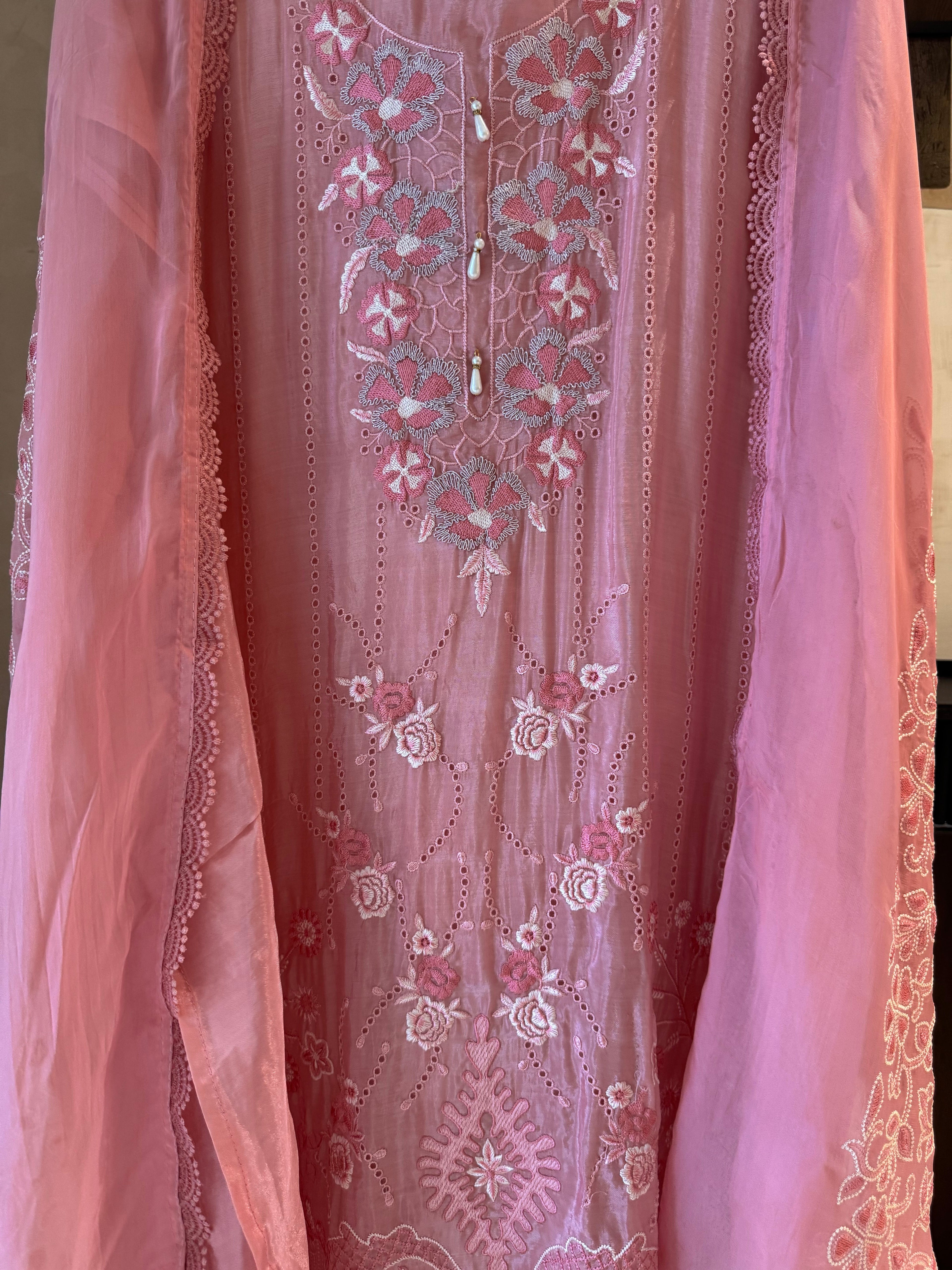 Meher — Glass Organza Suit with Thread Work & Dori Highlights-peach-close up
