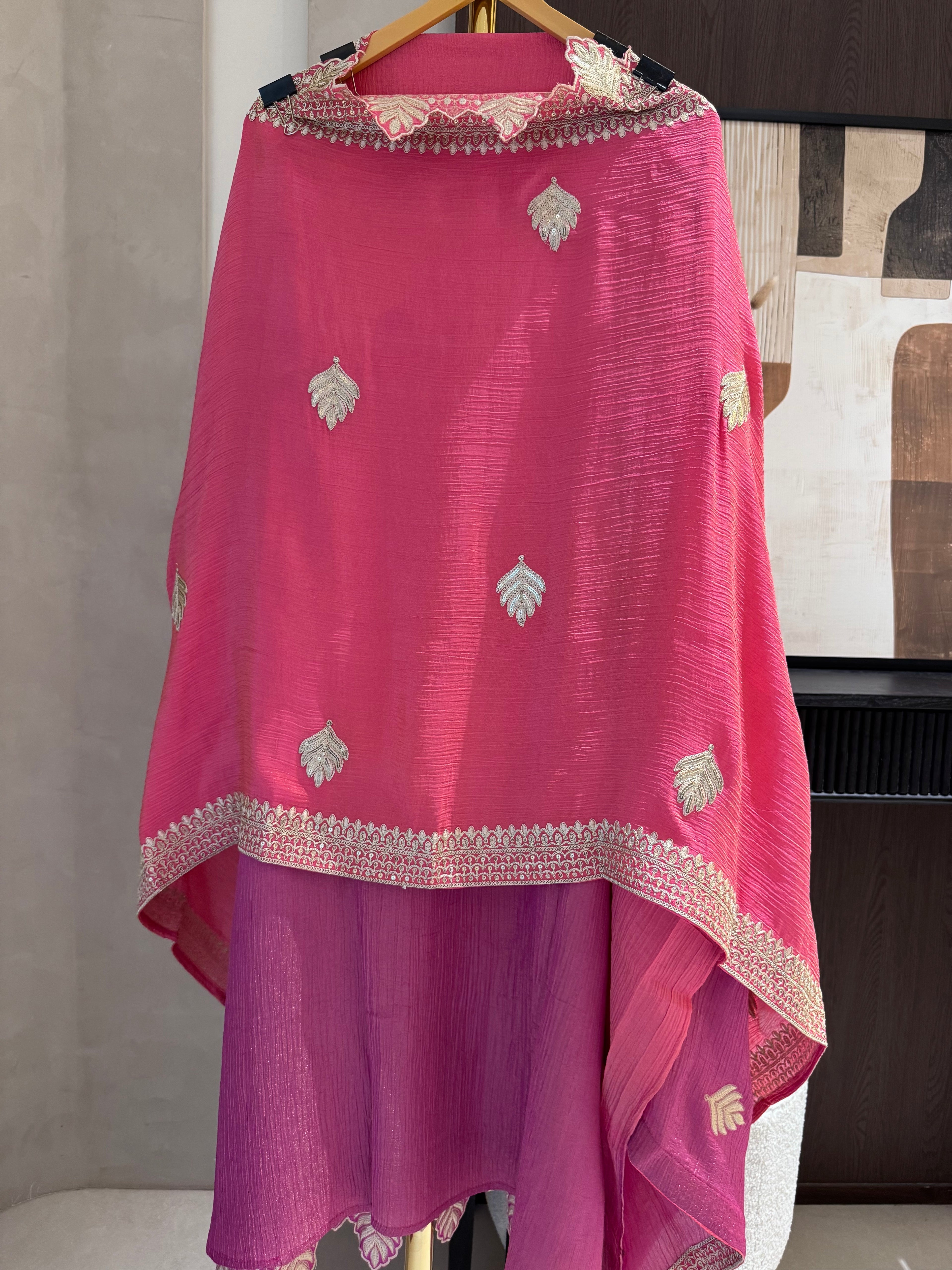 The Leaf Filigree — Crush Shimmer Suit with Cutwork Potli-sky blue-front