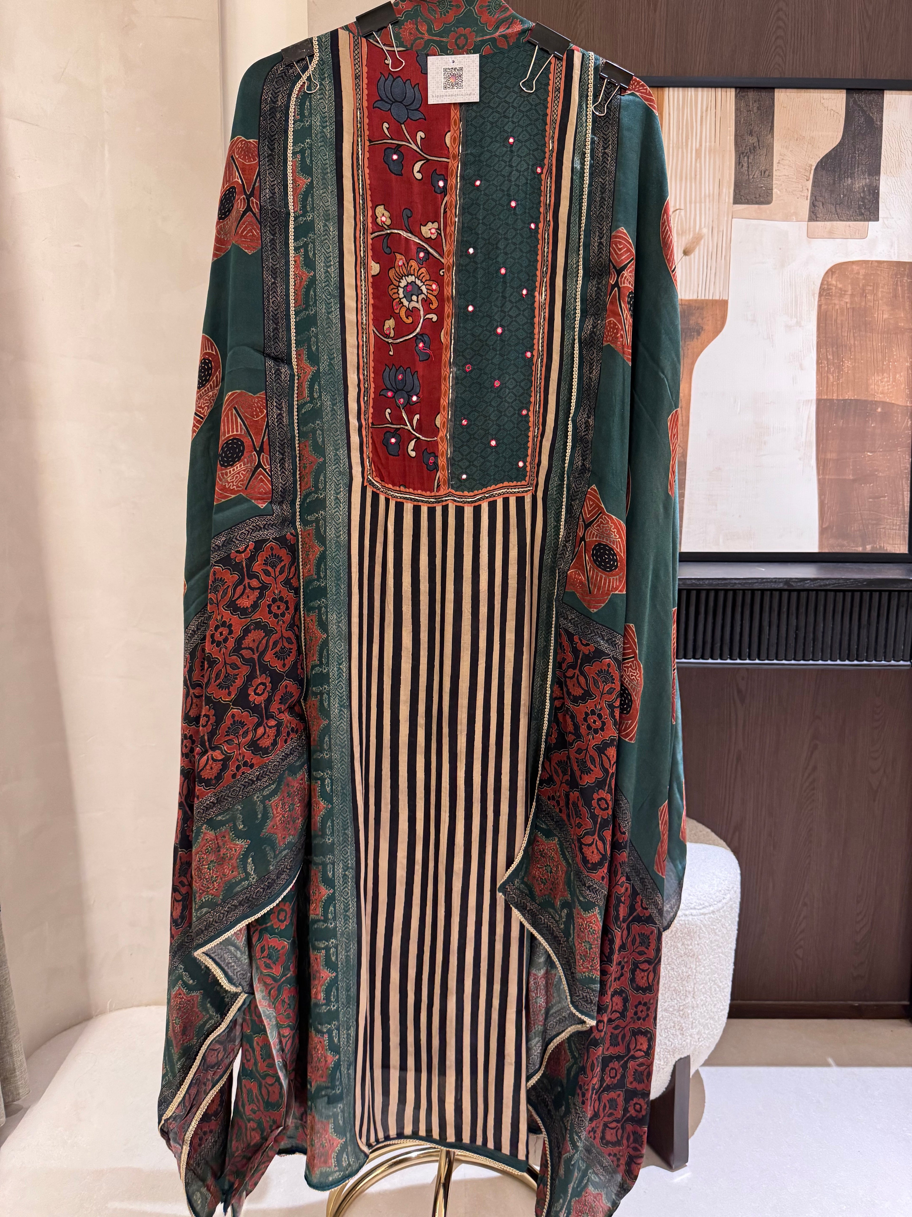 The Ajrakh Muse — Gaji Silk Digital Print Suit with Mirror Work-forest green-front