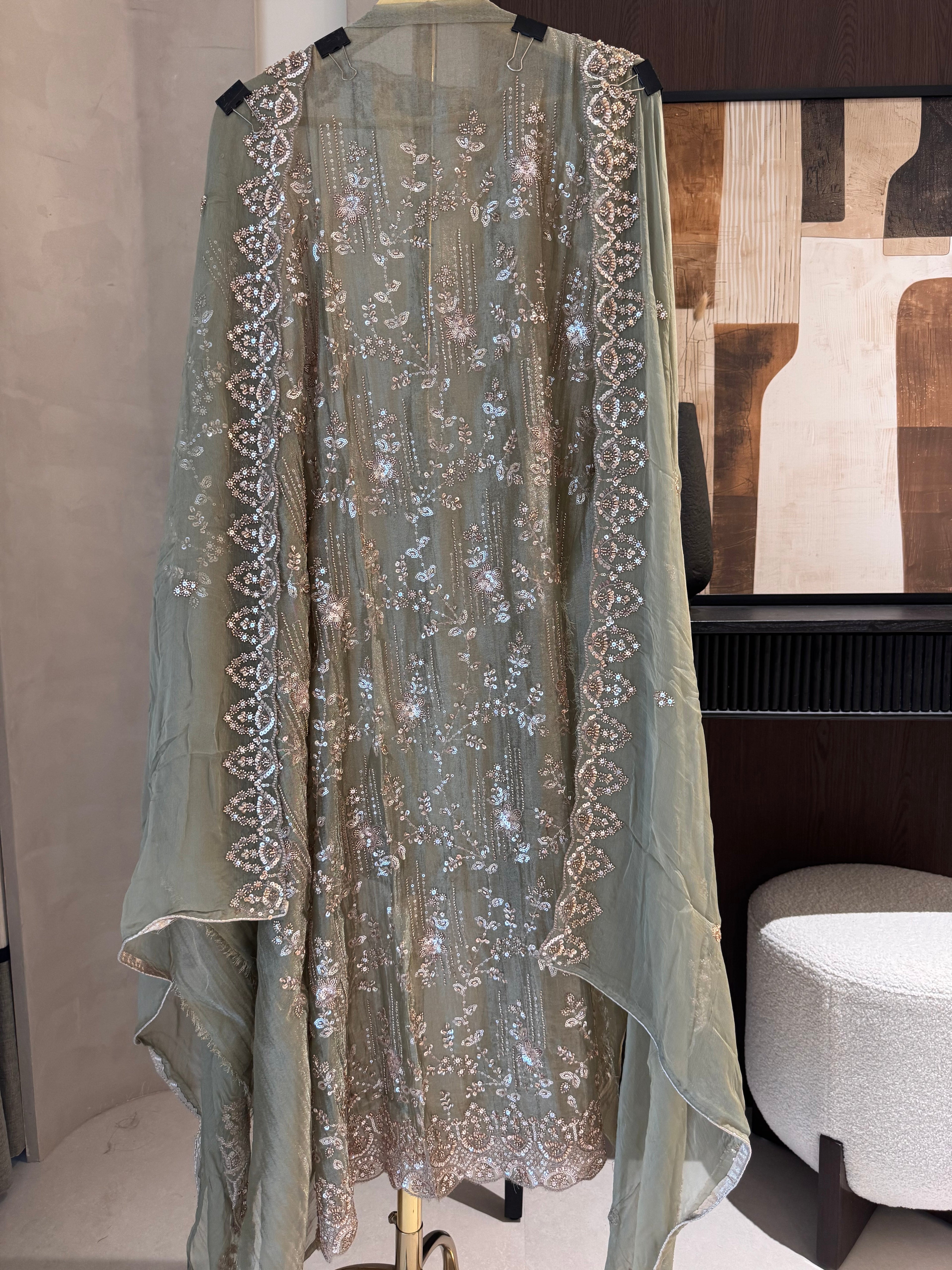 The Amara Bloom — Crush Shimmer Suit with Heavy Beadwork-golden camel-front