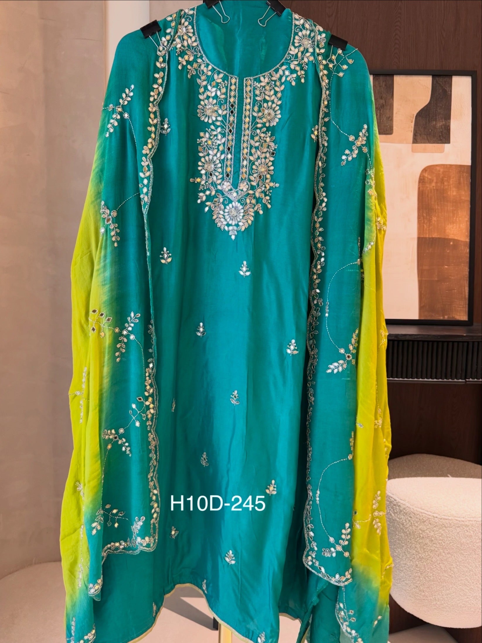 The Rang Bloom — Silk Suit with Handwork & Shaded Chinnon Dupatta-green front