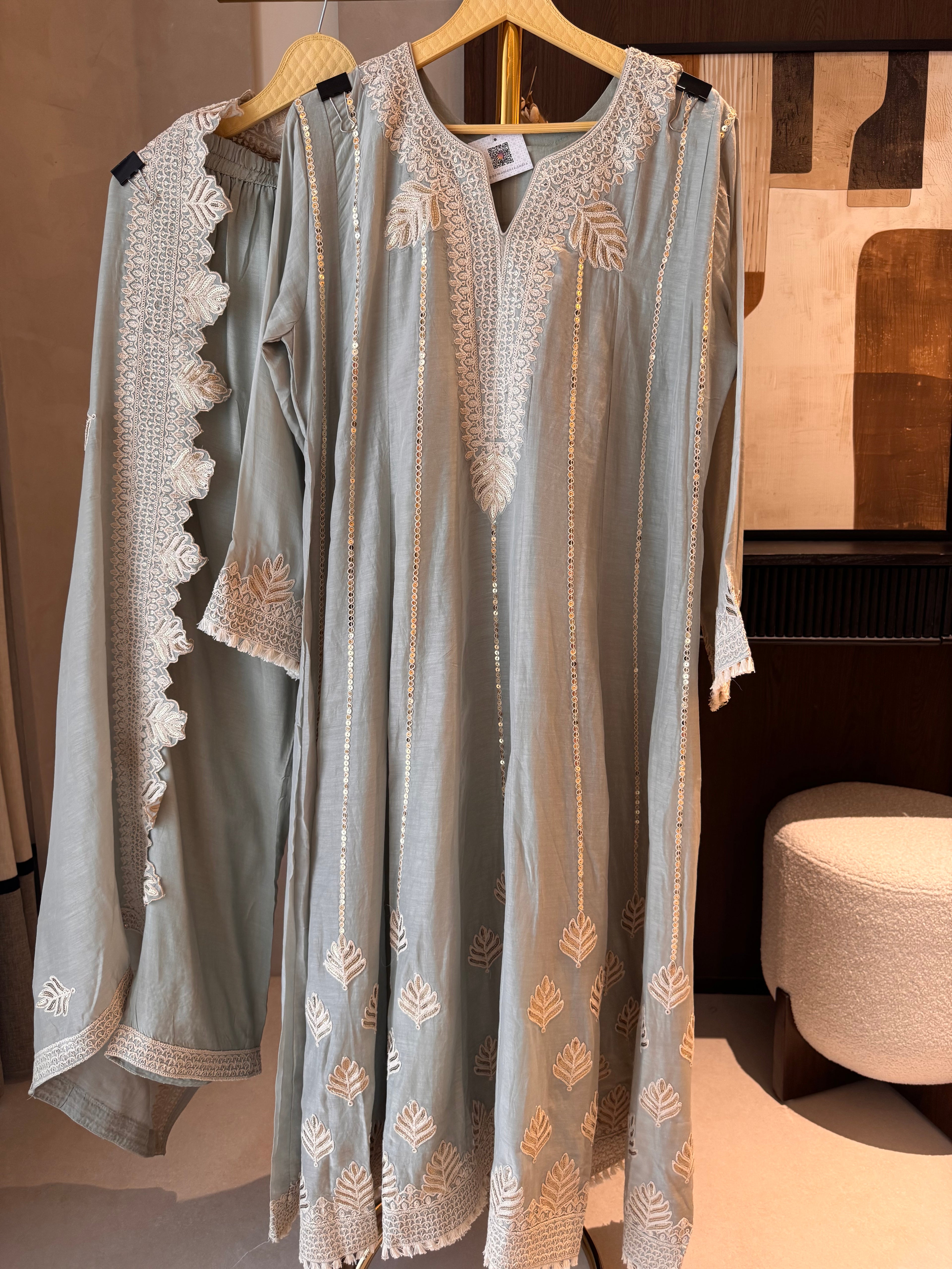 The Ivy Bloom — Mal Anarkali Set with Cutwork Dupatta & Potli