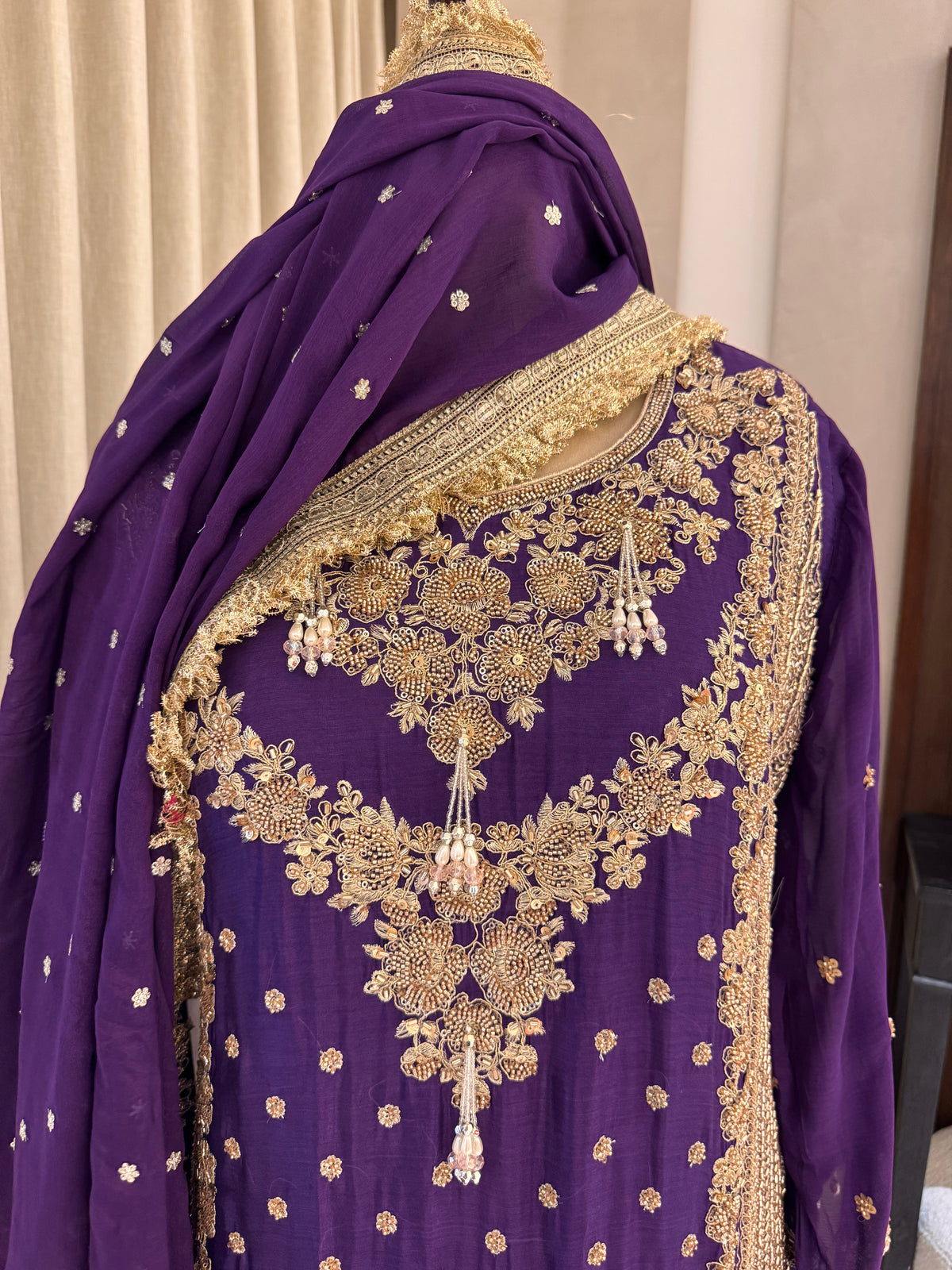 The Farshi Bloom — Satin Organza Set with Zari & Bead Work
