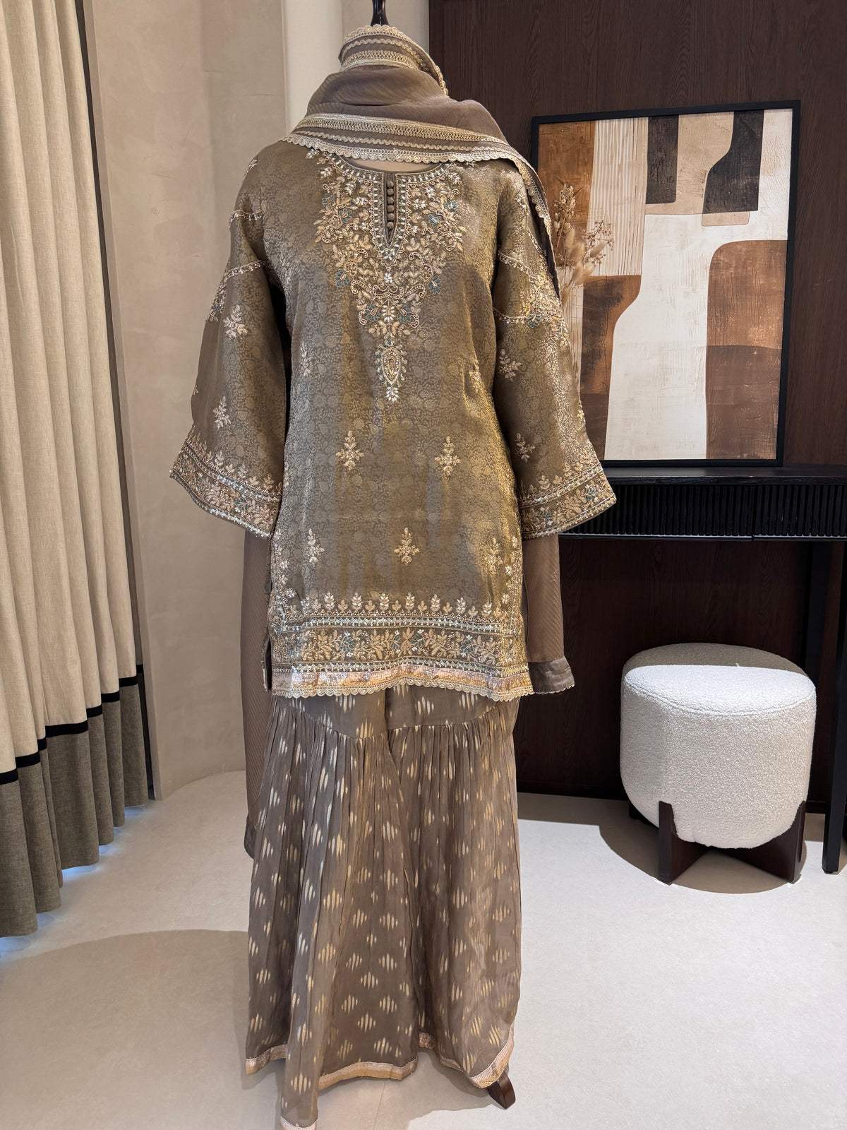 The Gharara Edit Vol. 01 — Banarasi Silk Set with Zardosi Work-olive bronze front