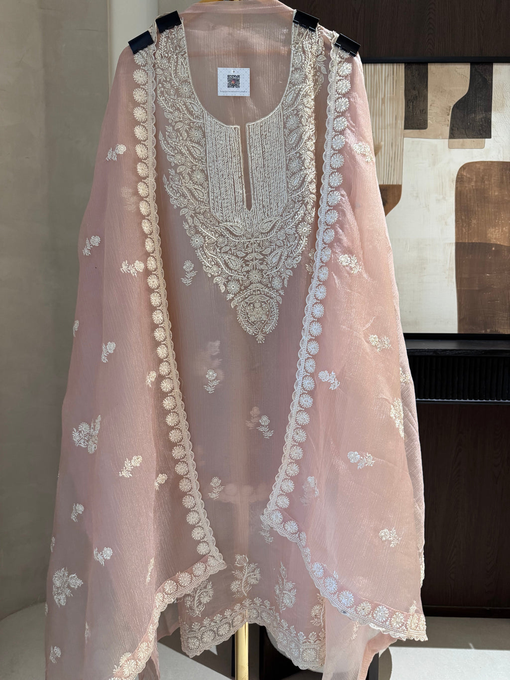 The Moti Aura — Marble Chiffon Suit with Pearl Katdana Work-sage mint-front