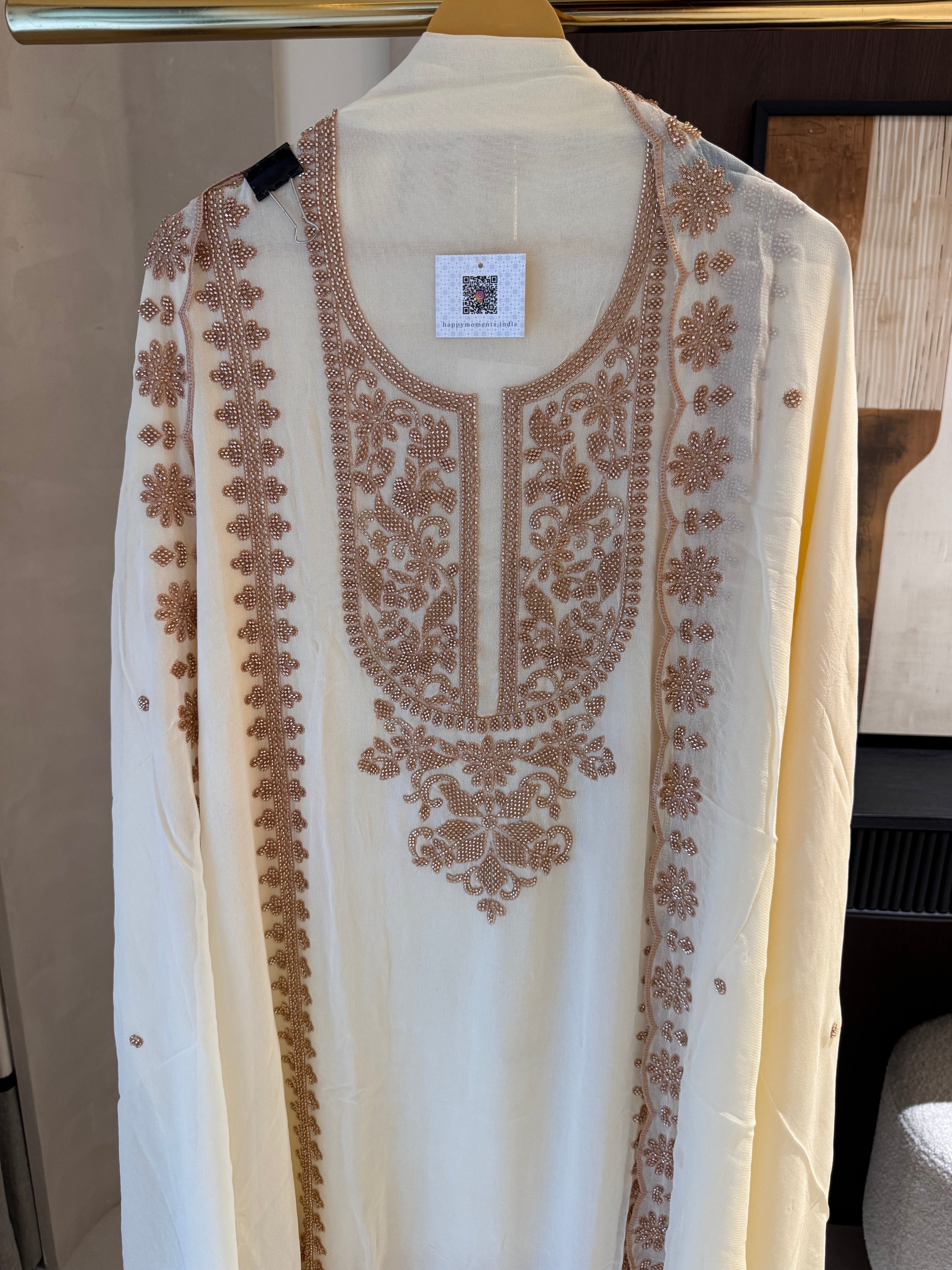 The Wren Bloom — Beadwork Embroidered Georgette Suit-mushroom grey-close up