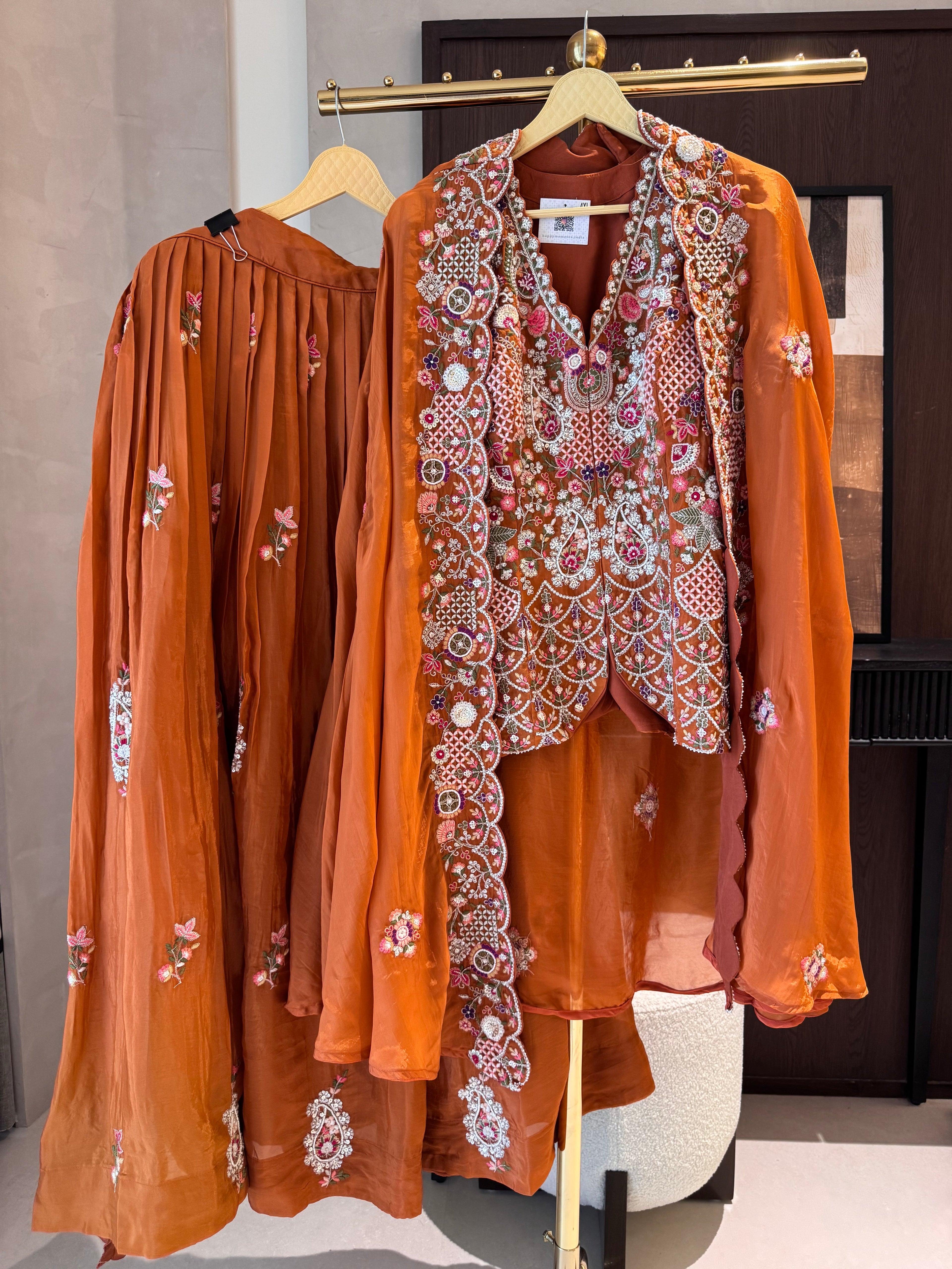 The Seraphine Bloom — Indowestern Cape Set with Zardosi Embroidery-rani pink-front