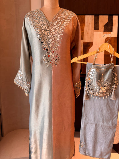 Giraffe Silk Readymade Long Top Set with Mirror Work & Potli