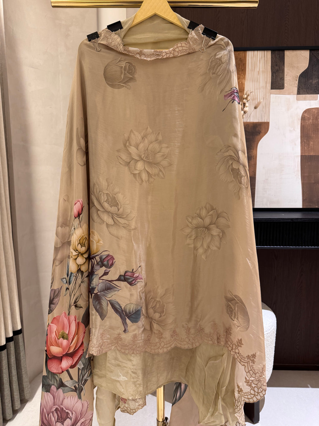 The Garden Scroll — Glass Organza Suit with Digital Print Dupatta-golden beige-dupatta