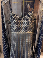 The Noir Rêverie — Georgette Gown with Zari Embroidery & Swarovski-navy-close up