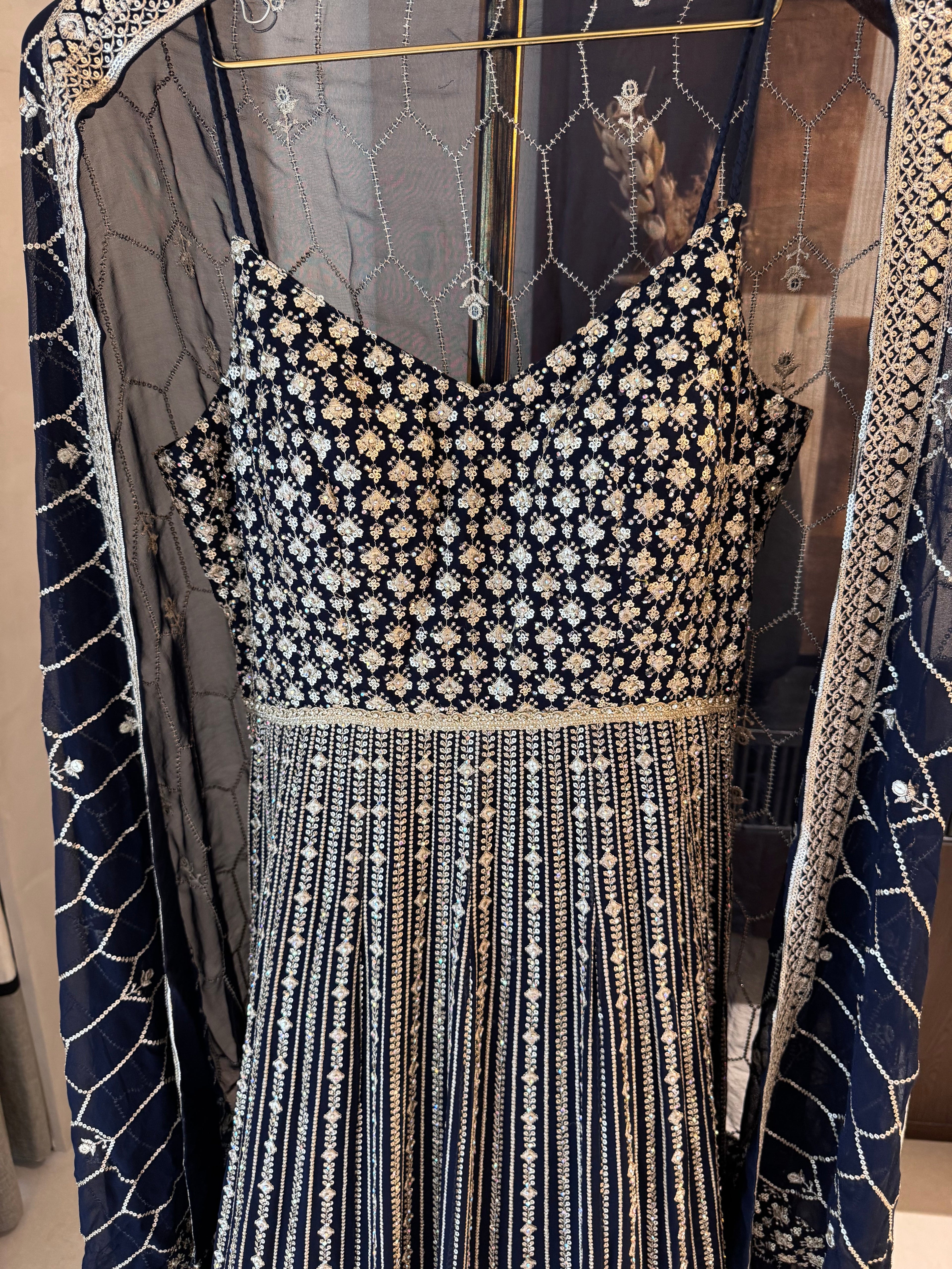 The Noir Rêverie — Georgette Gown with Zari Embroidery & Swarovski-navy-close up