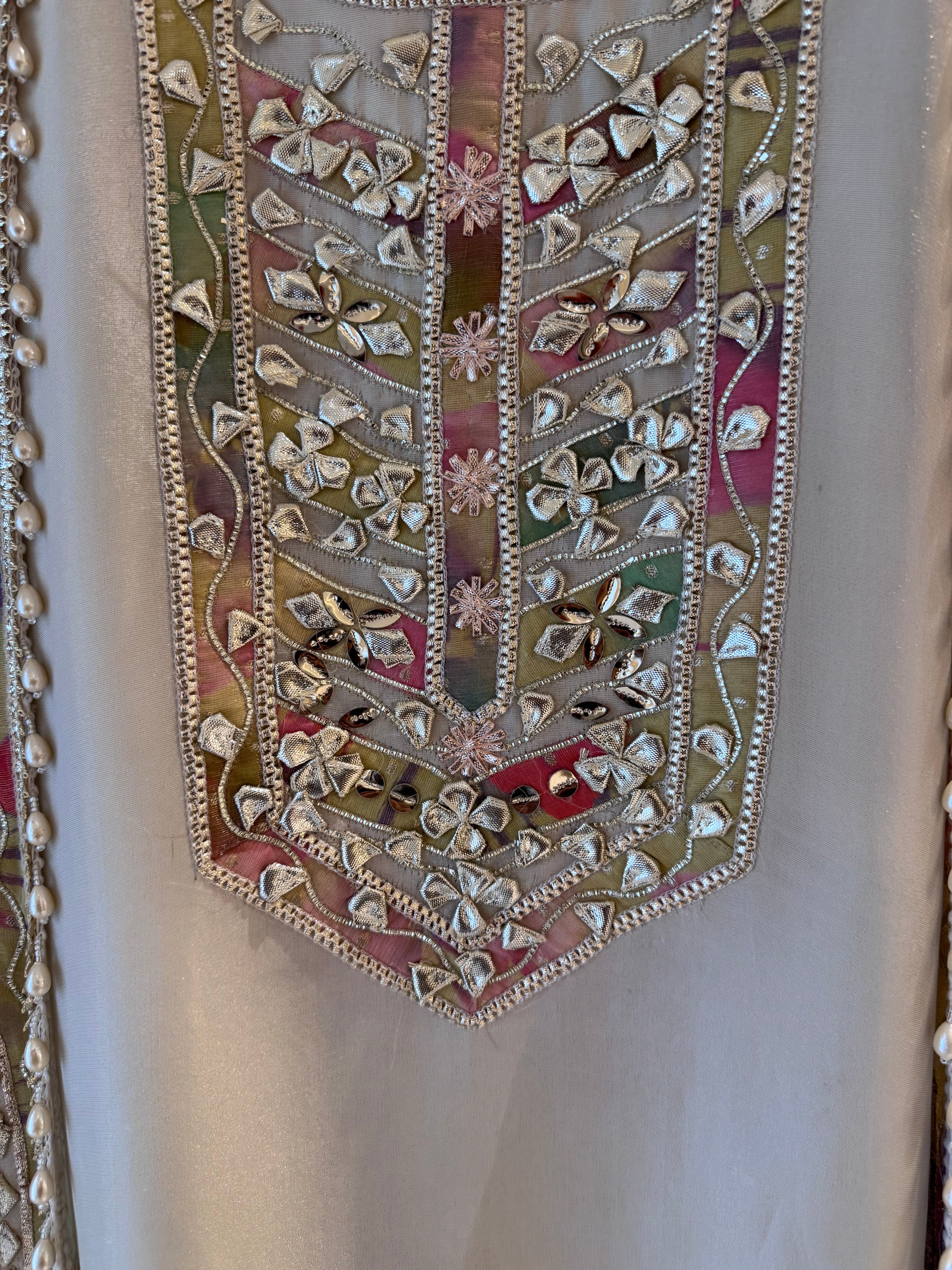 The Chandni Bloom — Shimmer Silk Suit with Gota Work-neck line