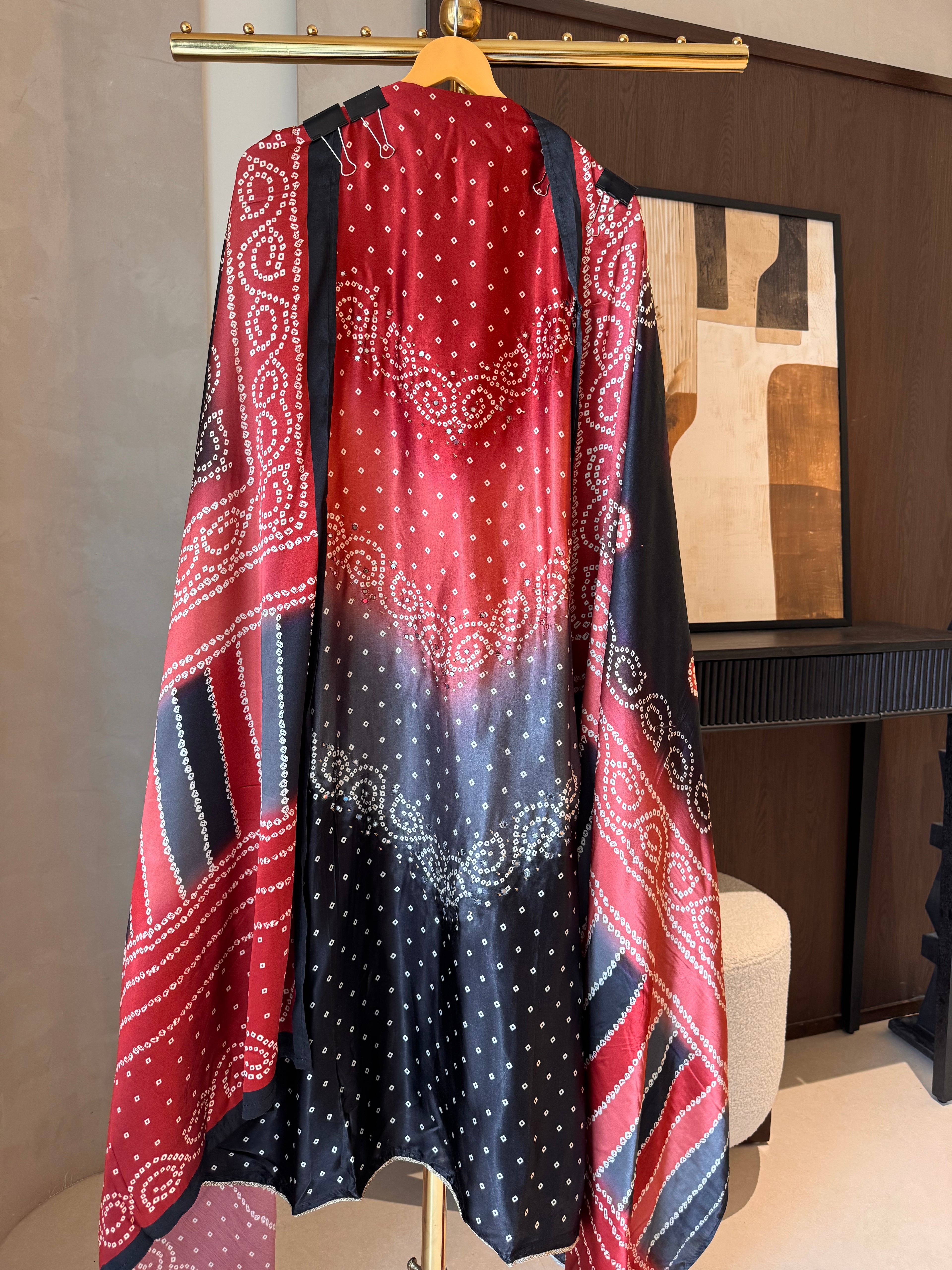 The Rang Bandhej — Gaji Silk Suit with Mirror Work-red to black - front