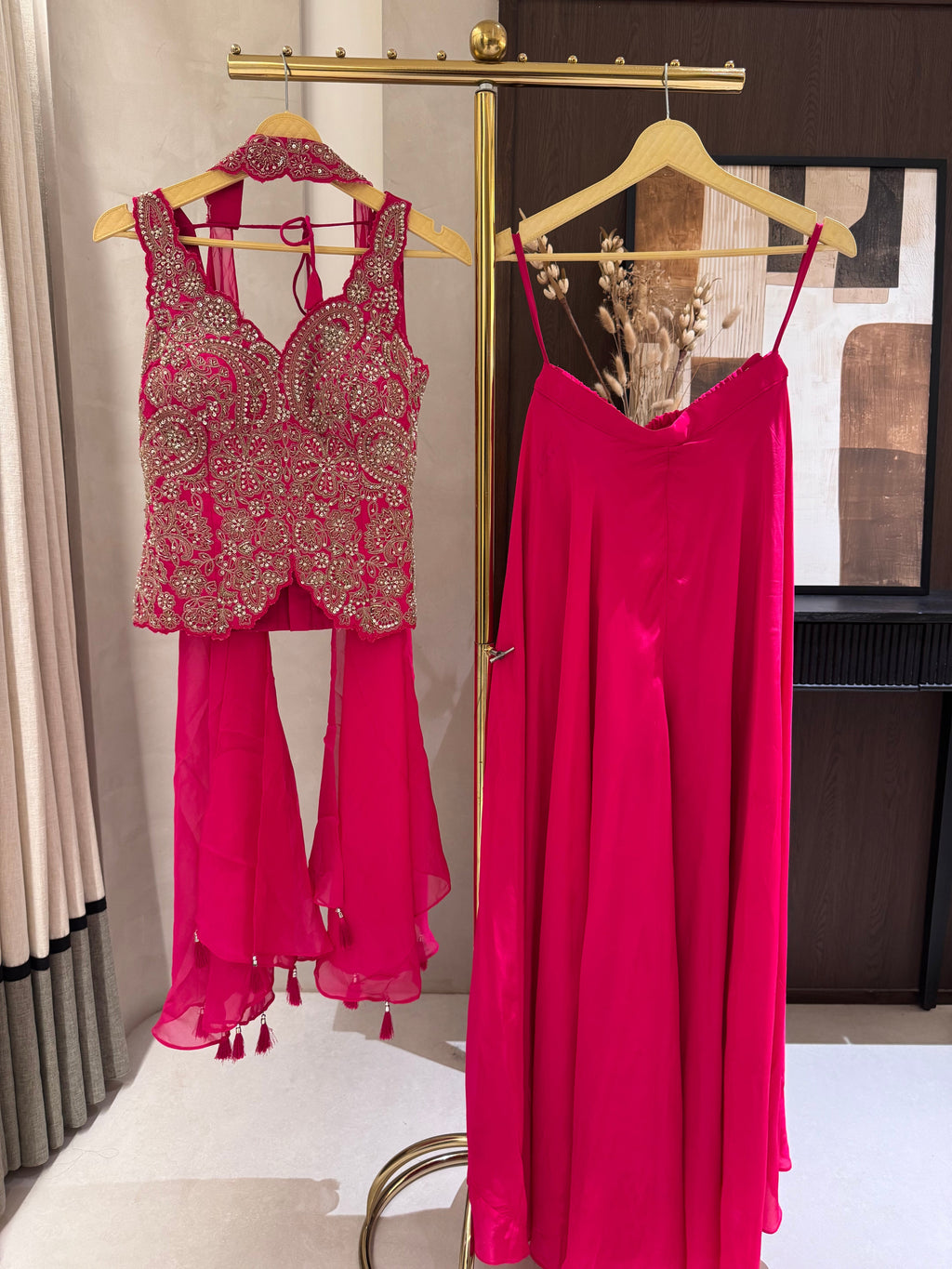 The Rani Bloom — Zardosi Crop Top & Palazzo Set-rani pink-close up