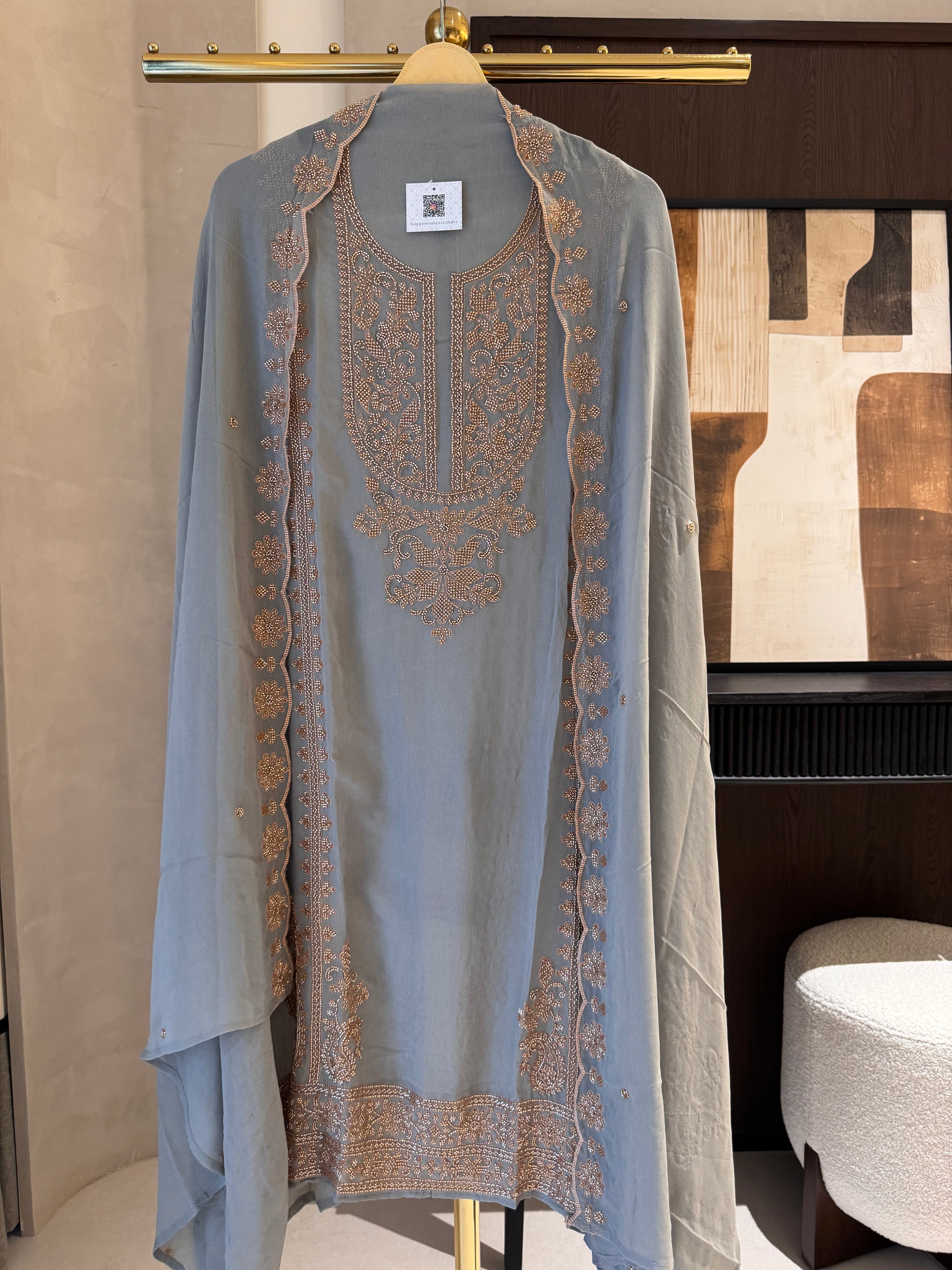 The Wren Bloom — Beadwork Embroidered Georgette Suit-slate blue gray-front