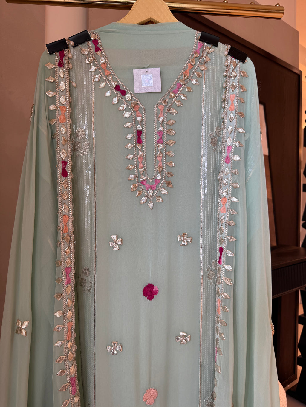 The Gilded Petals — Georgette Suit with Gota & Tassel Work-Mint front close up