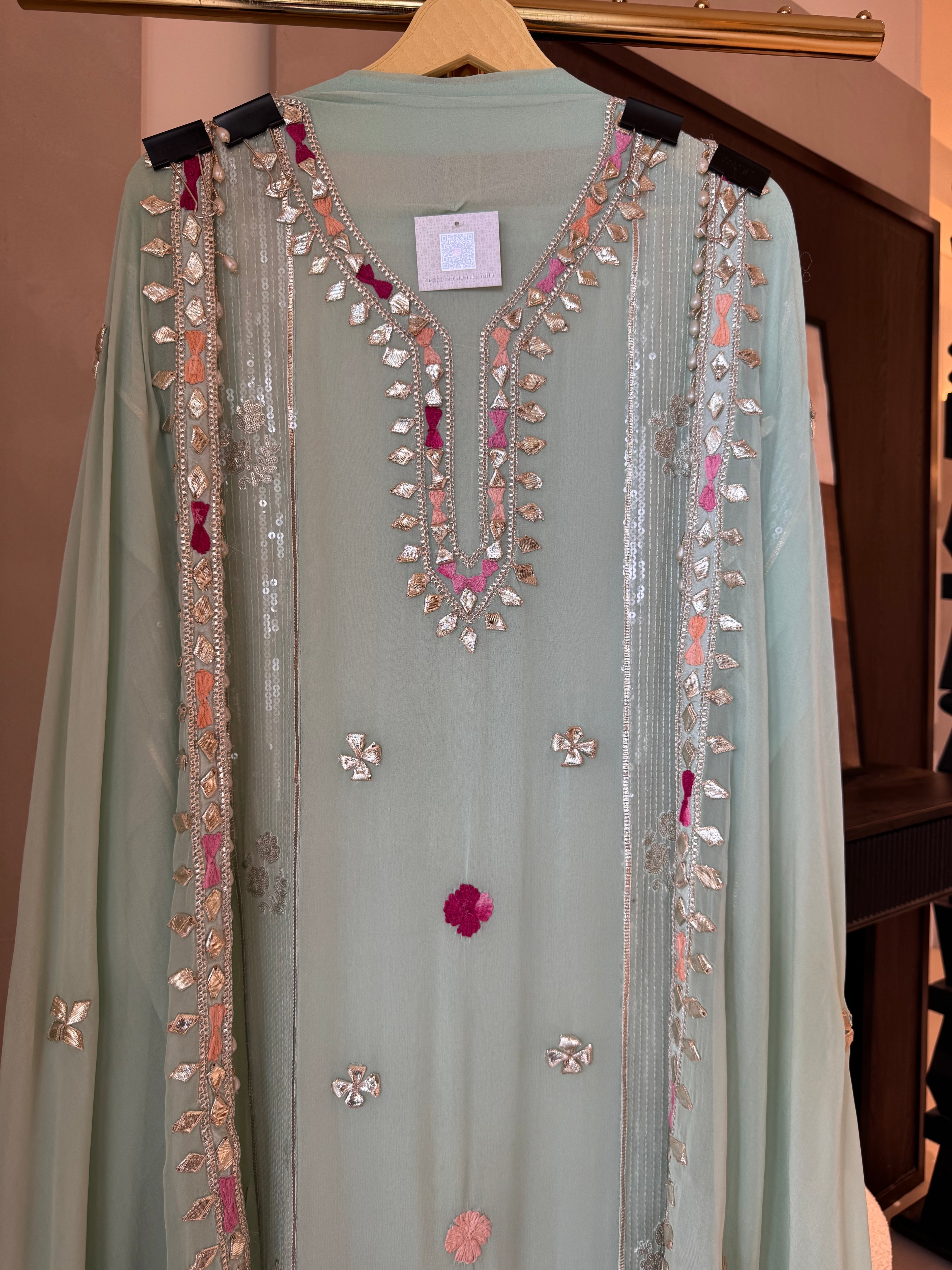 The Gilded Petals — Georgette Suit with Gota & Tassel Work-Mint front close up