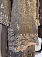 The Gharara Edit Vol. 01 — Banarasi Silk Set with Zardosi Work-olive bronze front Hem close up 