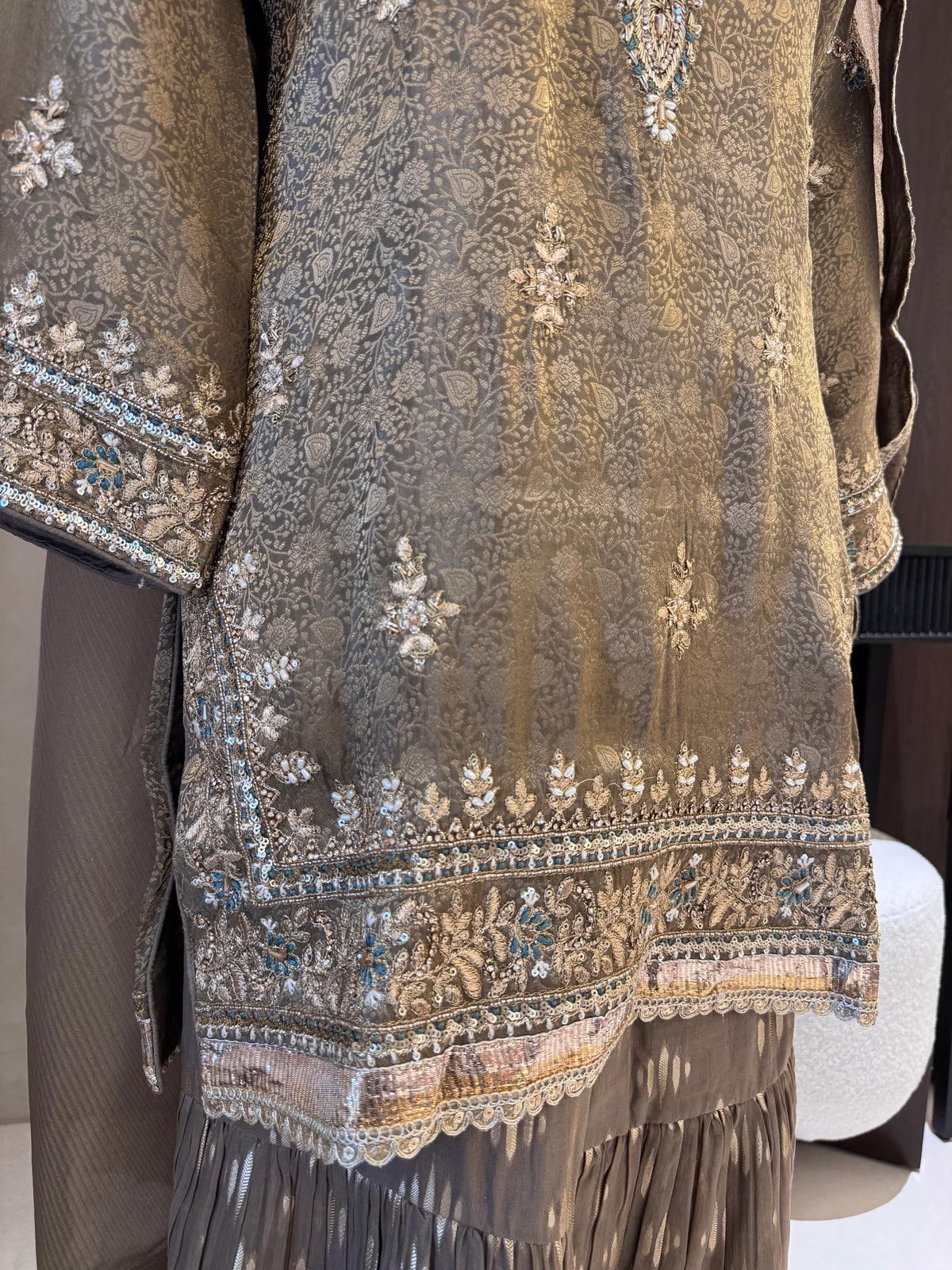 The Gharara Edit Vol. 01 — Banarasi Silk Set with Zardosi Work-olive bronze front Hem close up 