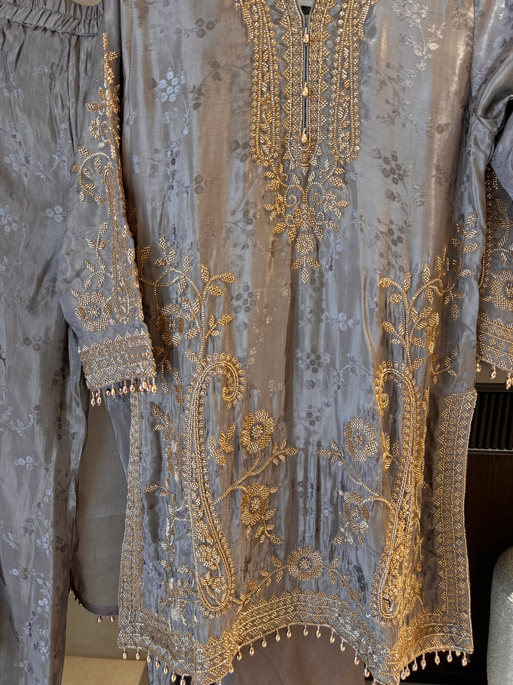 The Aura Muse — Silk Self-Embossed Suit with Organza Dupatta- grey -front close up 