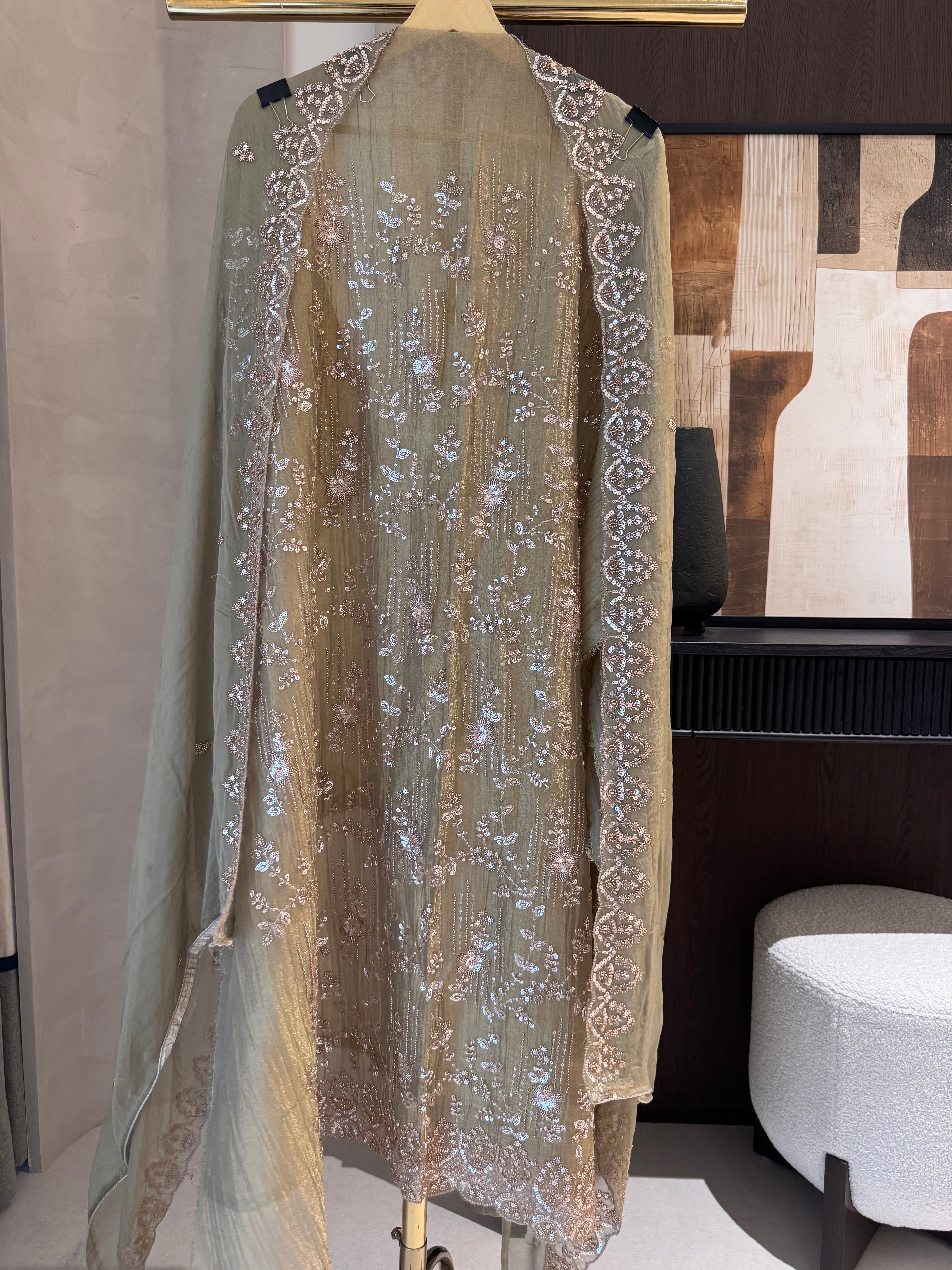 The Amara Bloom — Crush Shimmer Suit with Heavy Beadwork-eucalyptus green-front