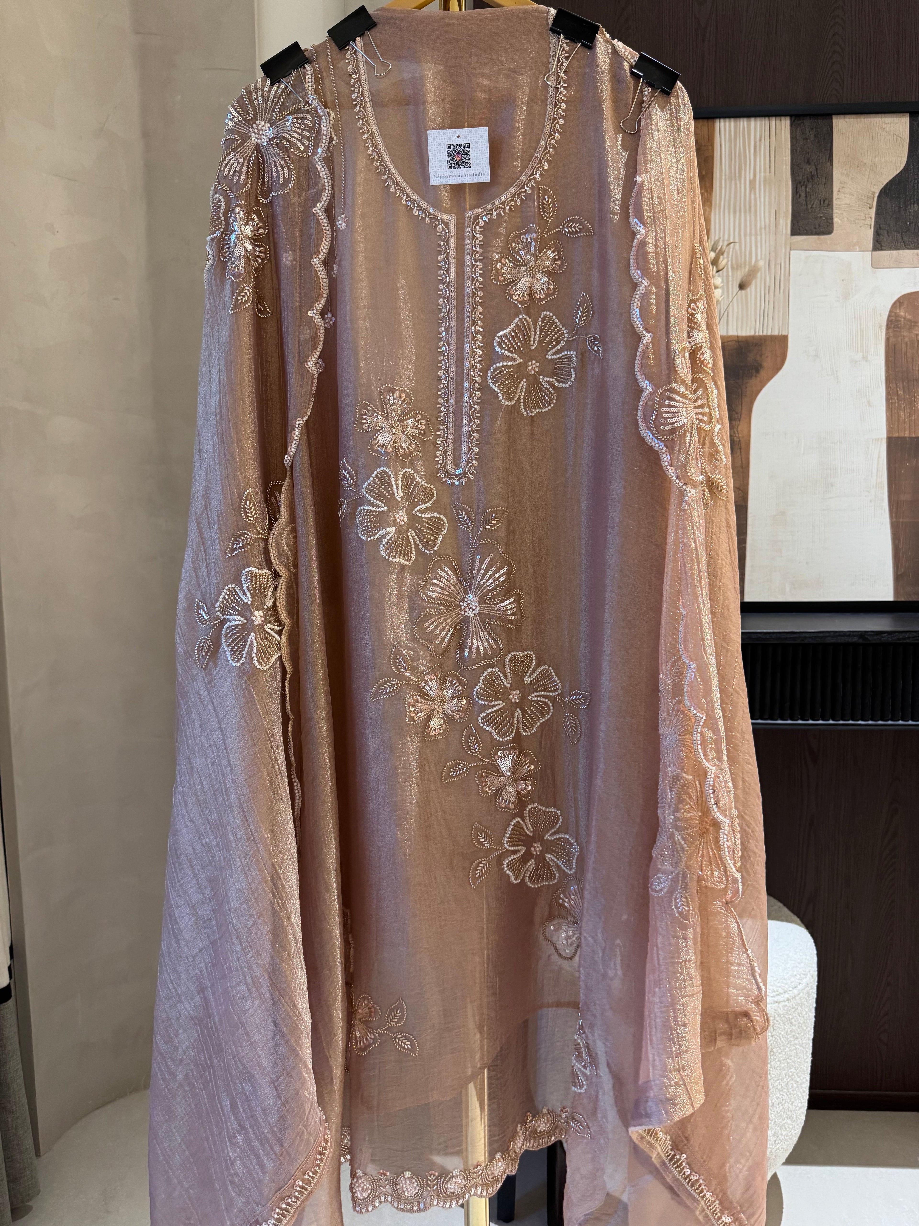 The Twilight Bling — Crush Shimmer Suit with Bead Work Scallops-gold beige-front