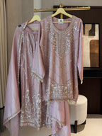 The Elysian Charm — Shimmer Silk Palazzo Suit with Tassel Detail-pink-front