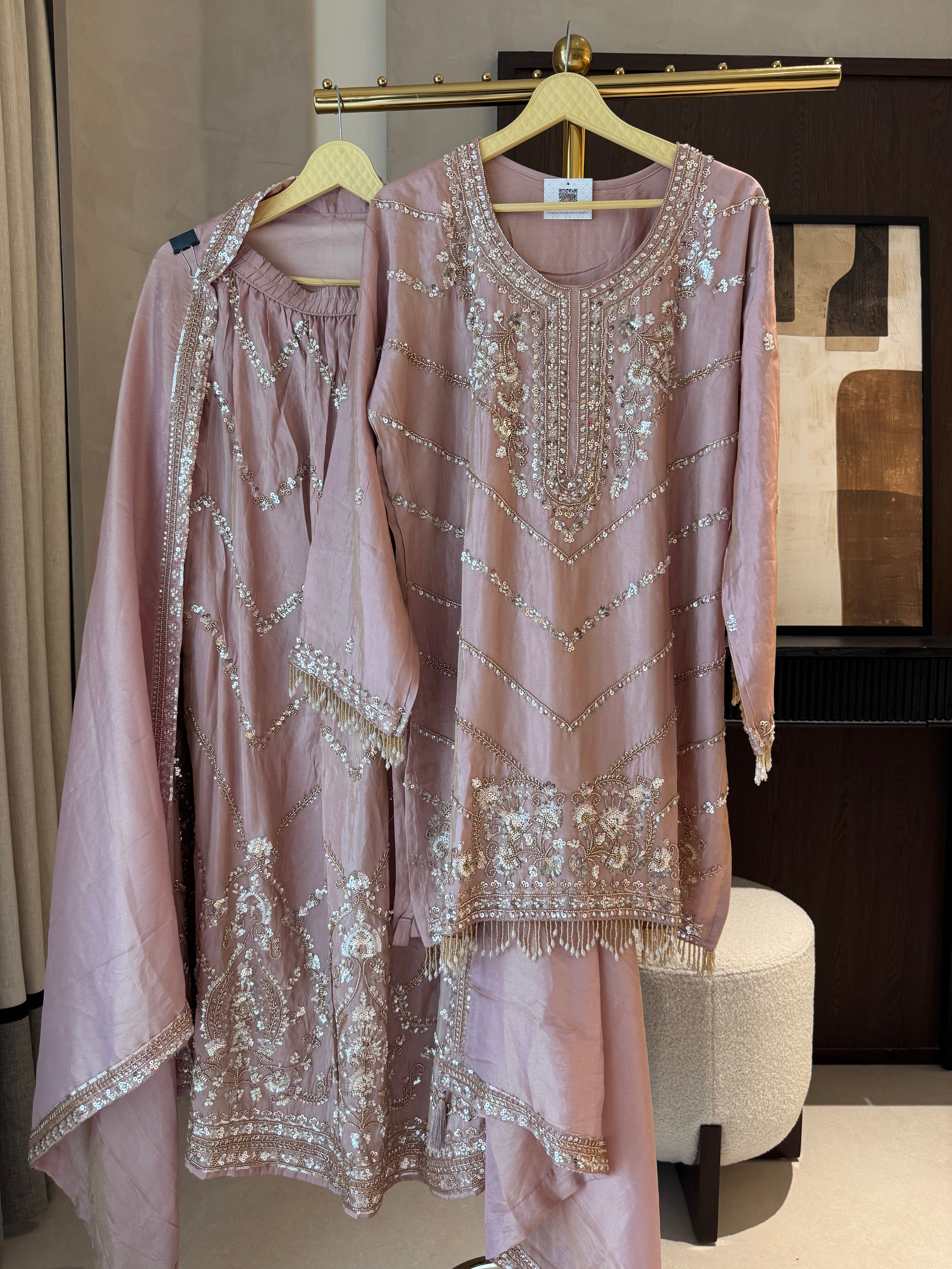 The Elysian Charm — Shimmer Silk Palazzo Suit with Tassel Detail-pink-front
