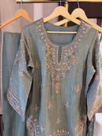The Gharara Edit Vol. 01 — Banarasi Silk Set with Zardosi Work-sage front Close up 