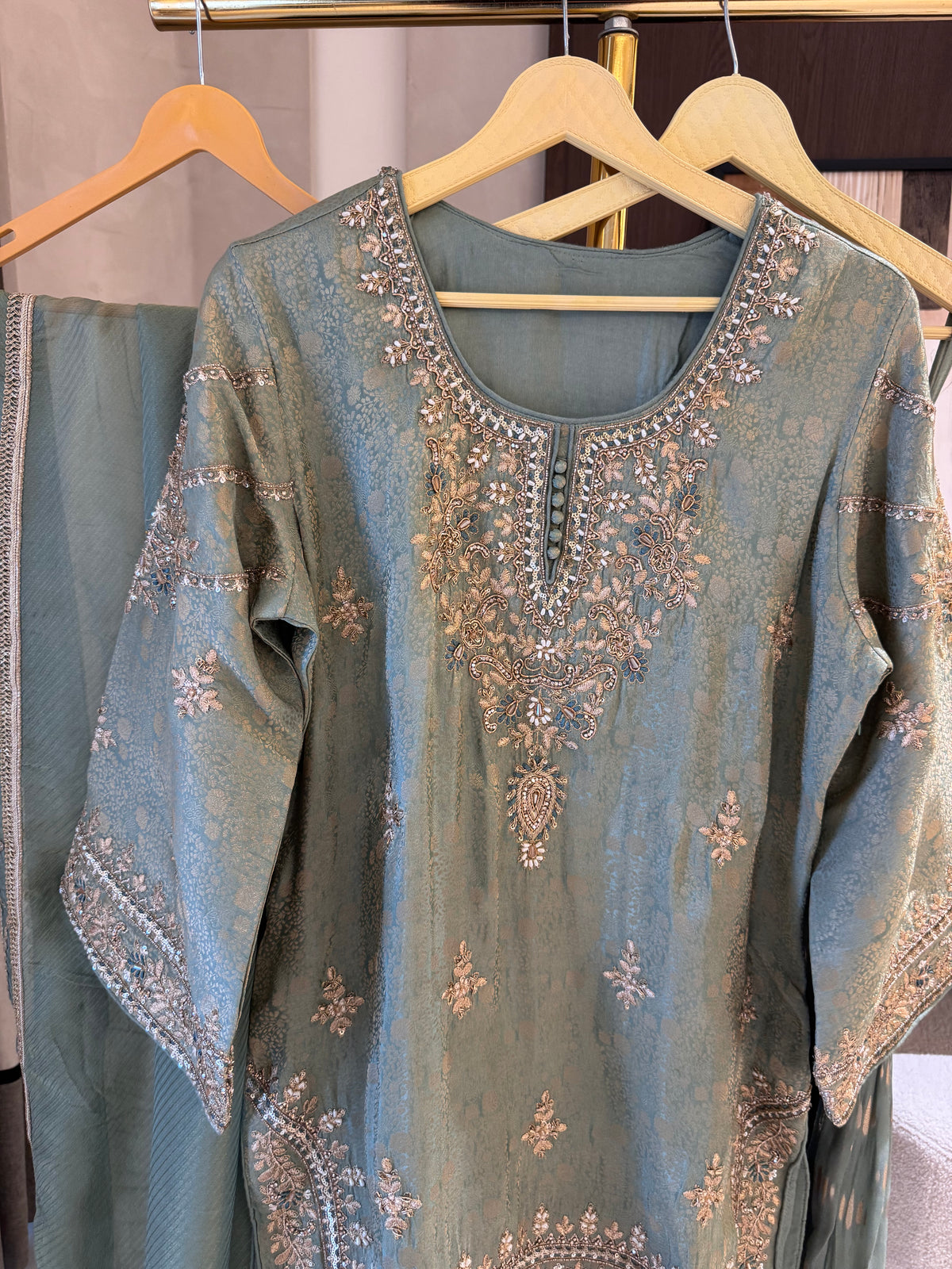 The Gharara Edit Vol. 01 — Banarasi Silk Set with Zardosi Work-sage front Close up 