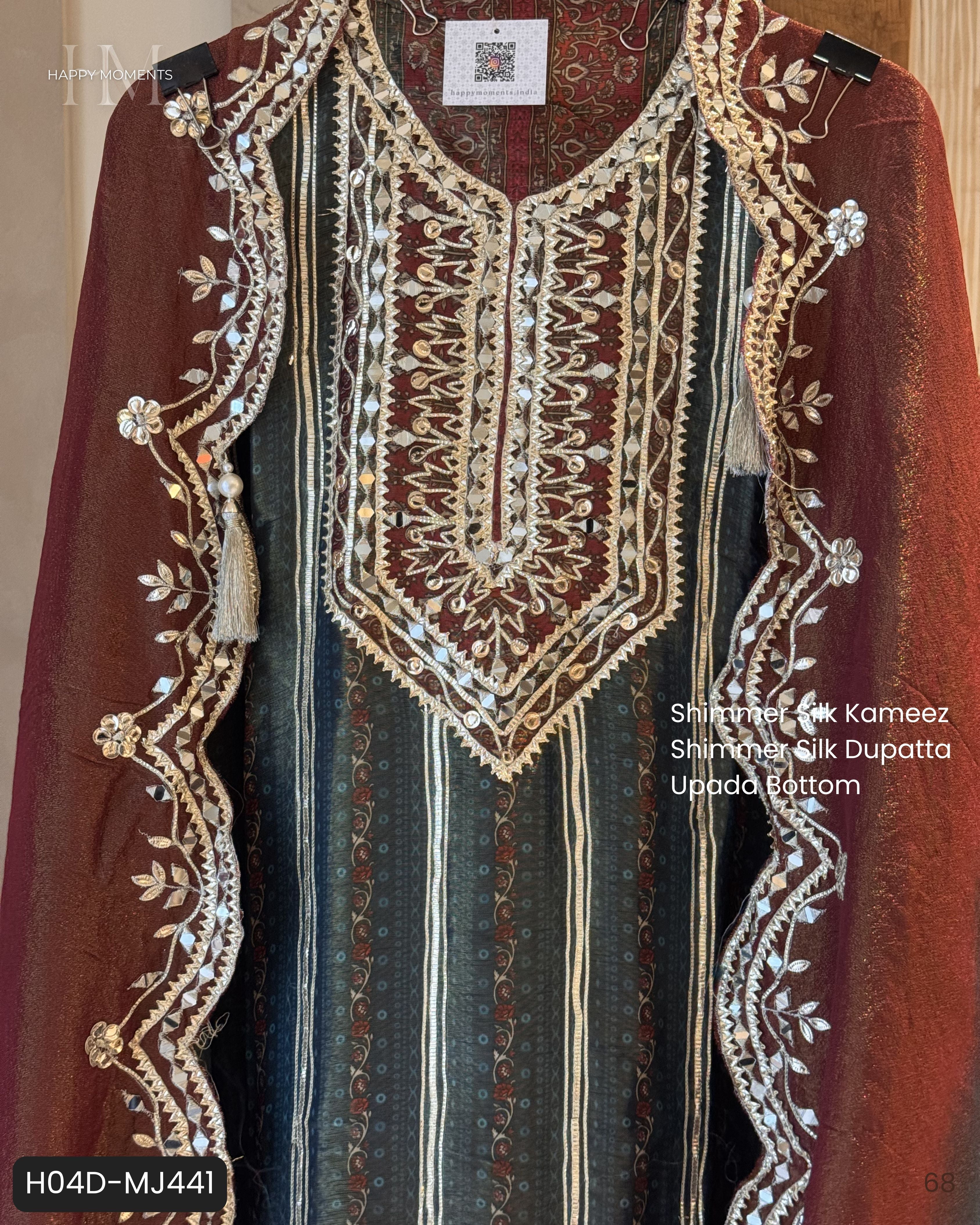 The Noor Aura — Shimmer Silk Suit with Gotta & Mirror Work-blue -close up
