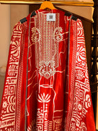 The Tribal Tapestry — Gaji Silk Suit with Abhla Work-red front close up