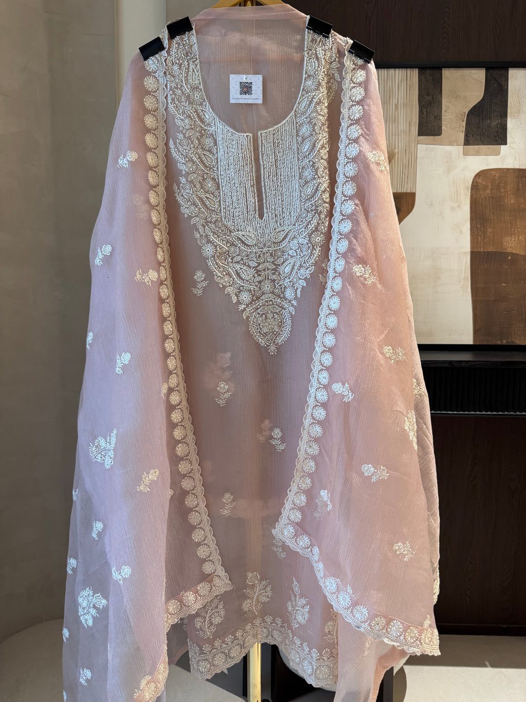 The Moti Aura — Marble Chiffon Suit with Pearl Katdana Work-peach-front