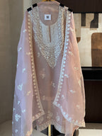 The Moti Aura — Marble Chiffon Suit with Pearl Katdana Work-peach-front