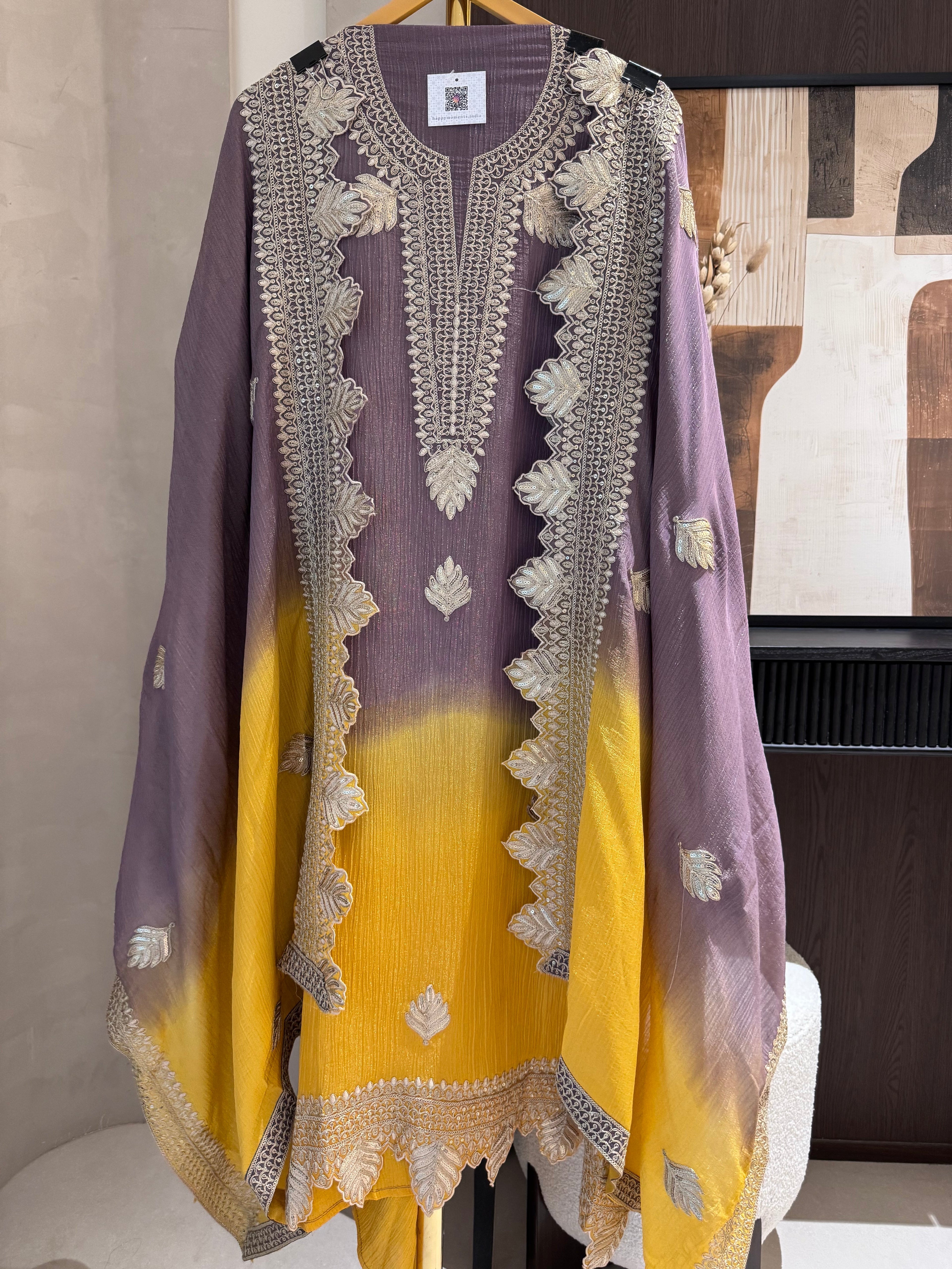 The Leaf Filigree — Crush Shimmer Suit with Cutwork Potli-pink purple ombre-close up