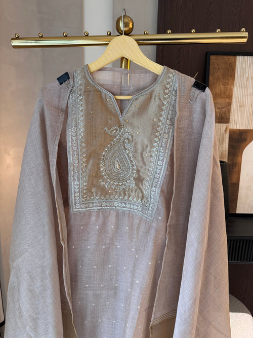 Kavya — Jamdhani Suit Set with Zardosi Highlights-grey-close up