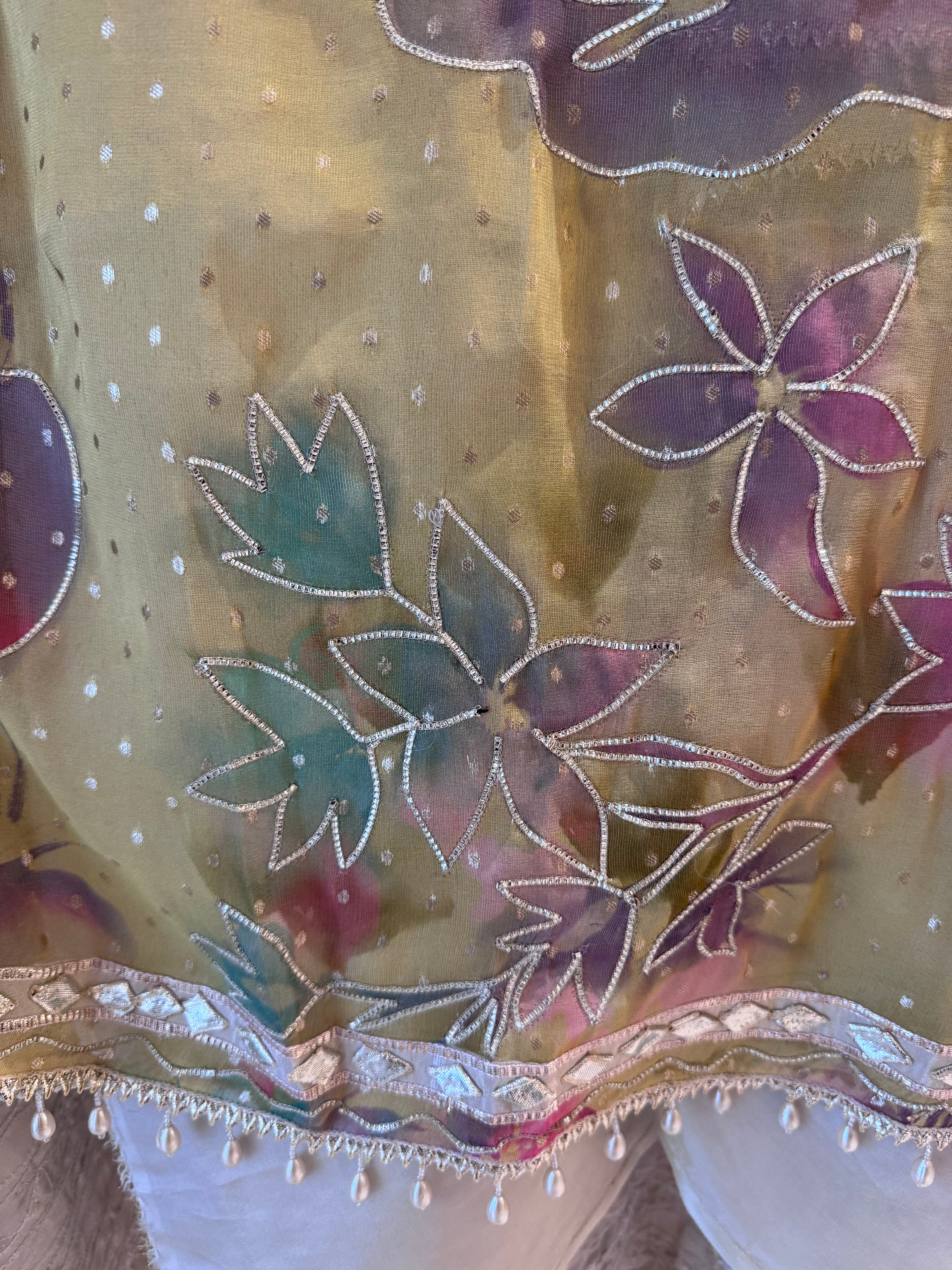 The Chandni Bloom — Shimmer Silk Suit with Gota Work-olive yellow- dupatta-close up 