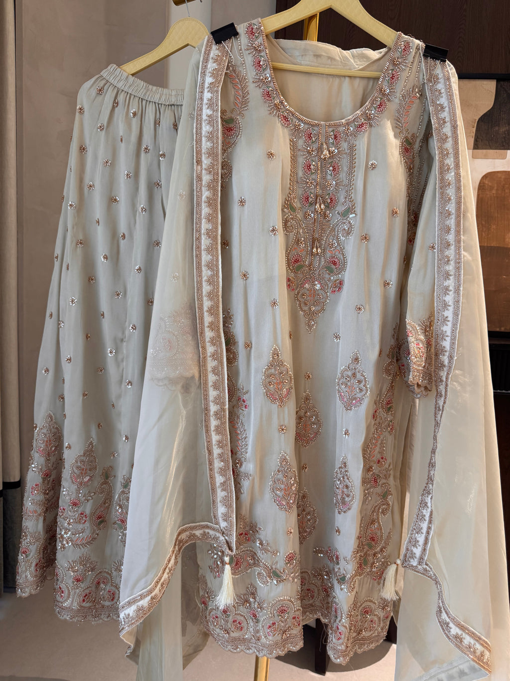 The Meena Aura — Shimmer Silk Set with Thread & Bead Work