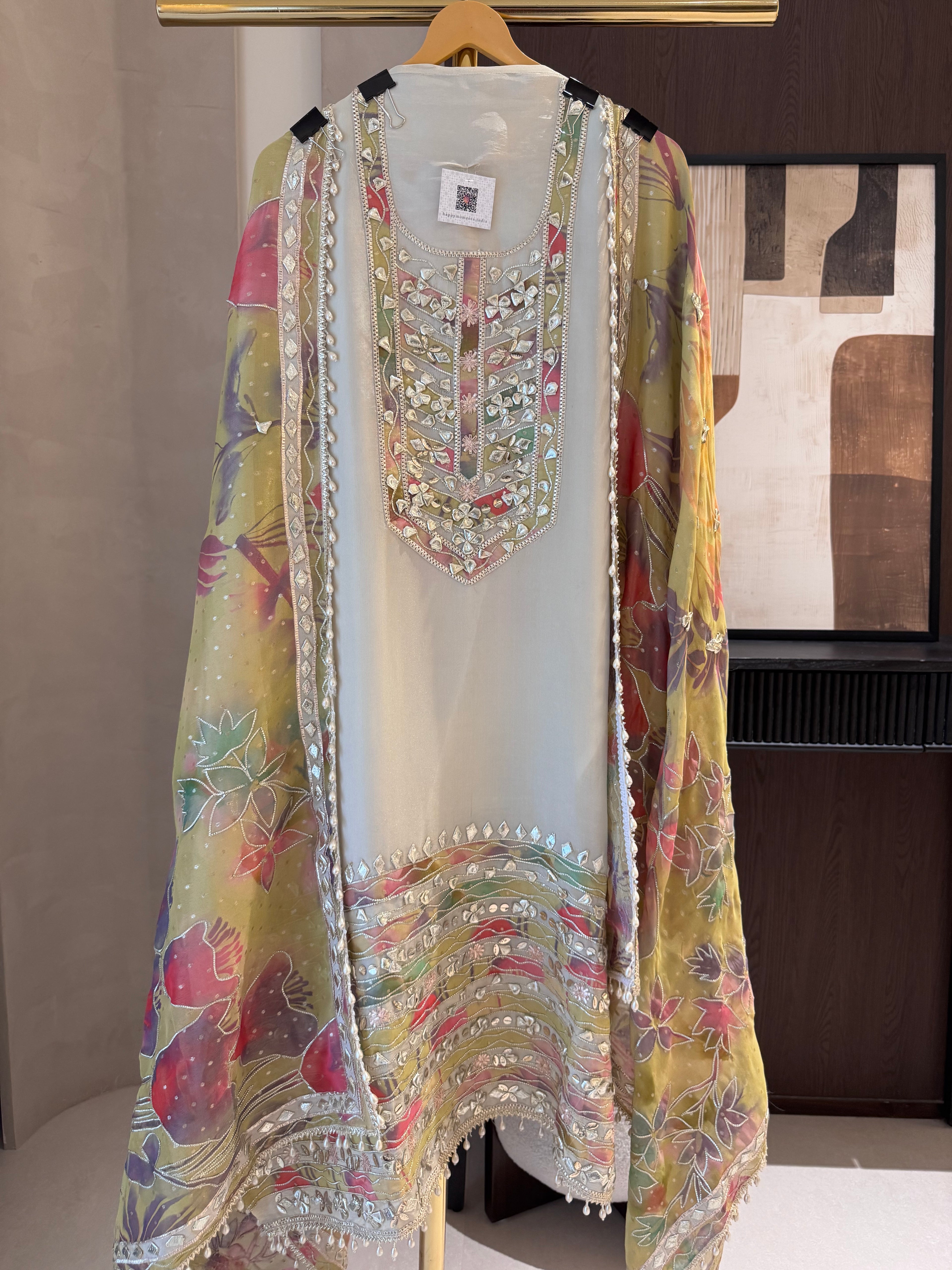 The Chandni Bloom — Shimmer Silk Suit with Gota Work-Olive Yellow-Front