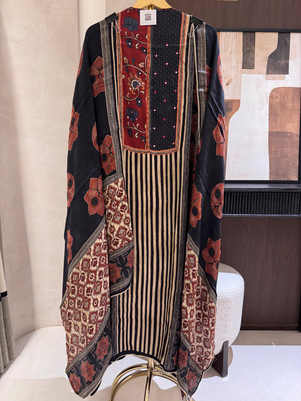 The Ajrakh Muse — Gaji Silk Digital Print Suit with Mirror Work-charcoal black-front