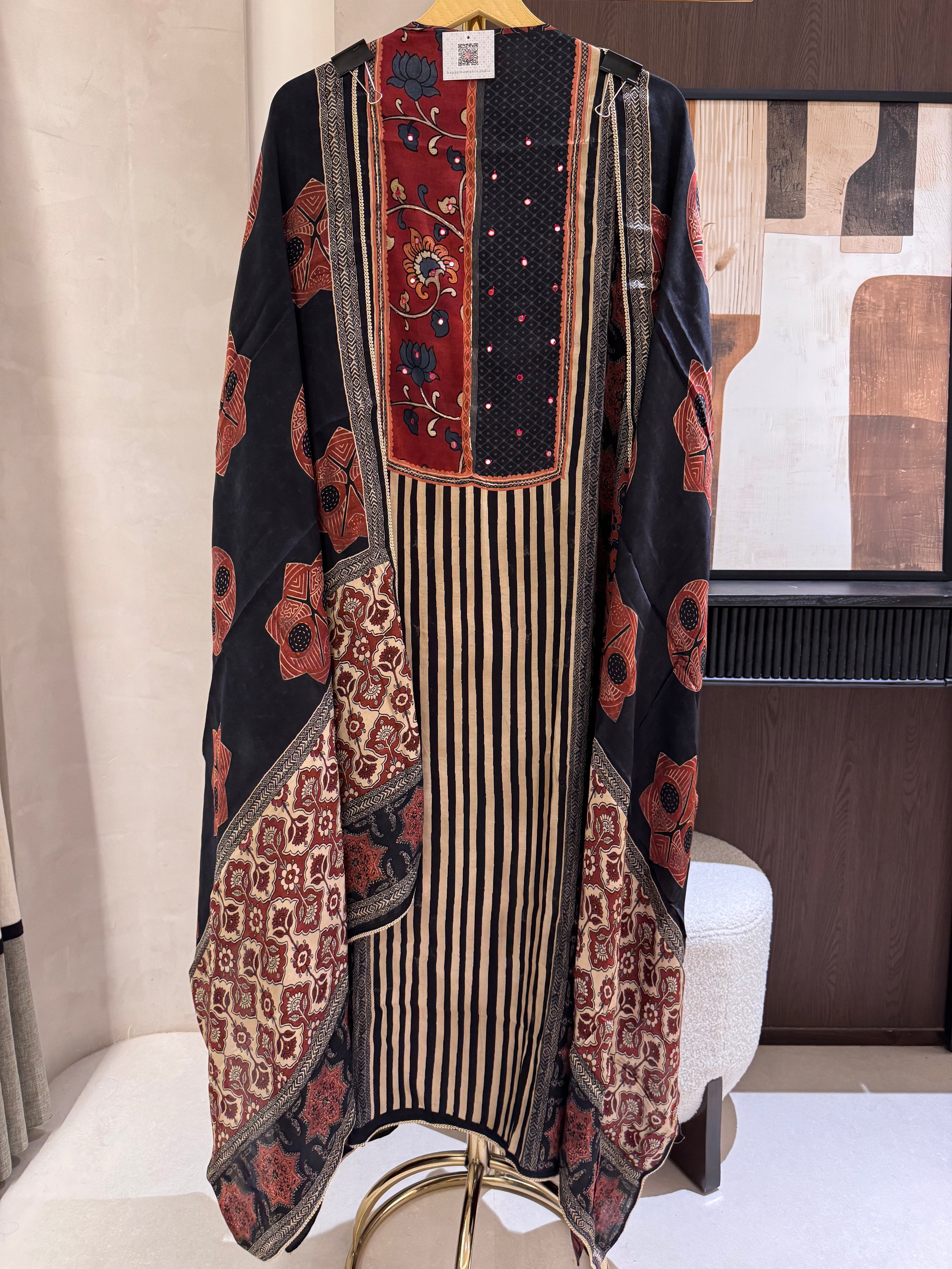 The Ajrakh Muse — Gaji Silk Digital Print Suit with Mirror Work-charcoal black-front