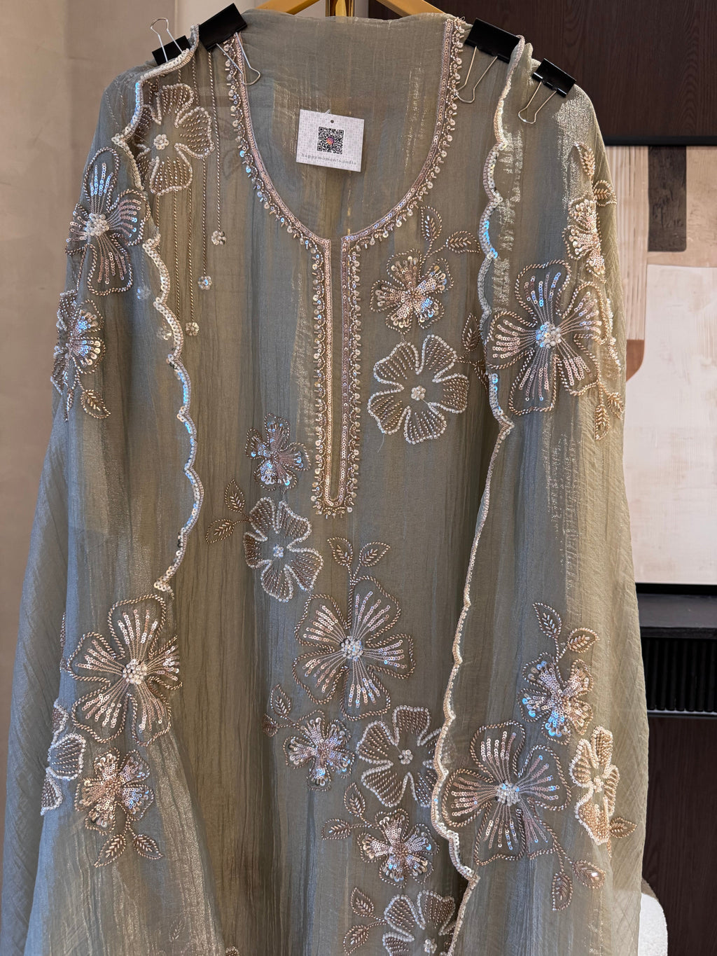 The Twilight Bling — Crush Shimmer Suit with Bead Work Scallops-rose taupe-front