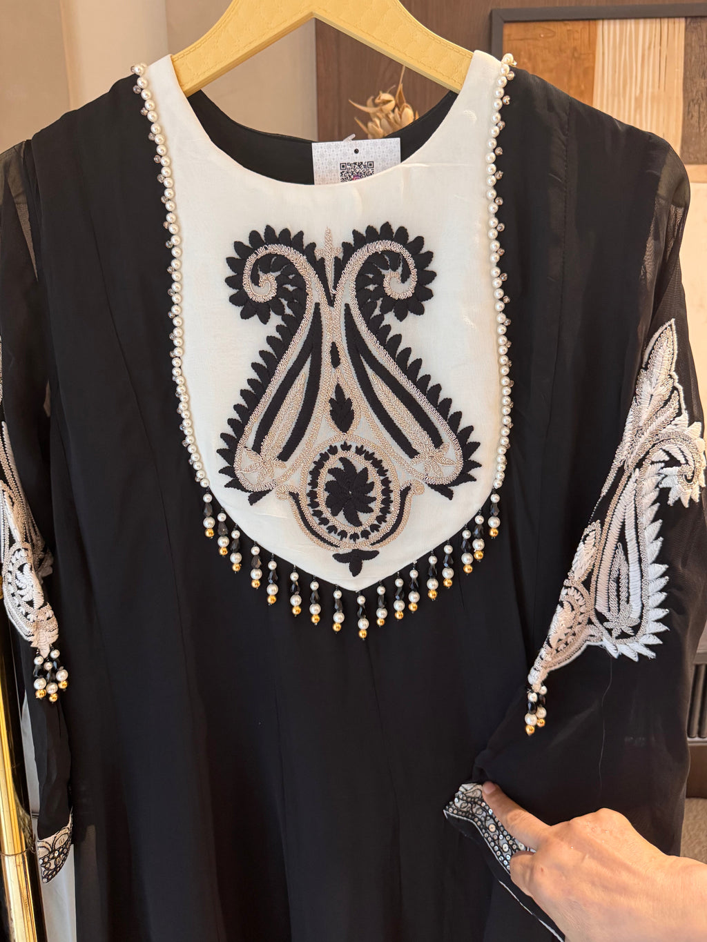The Noir Rêverie — Color-Block Anarkali with Baroque Embroidery-white-close up