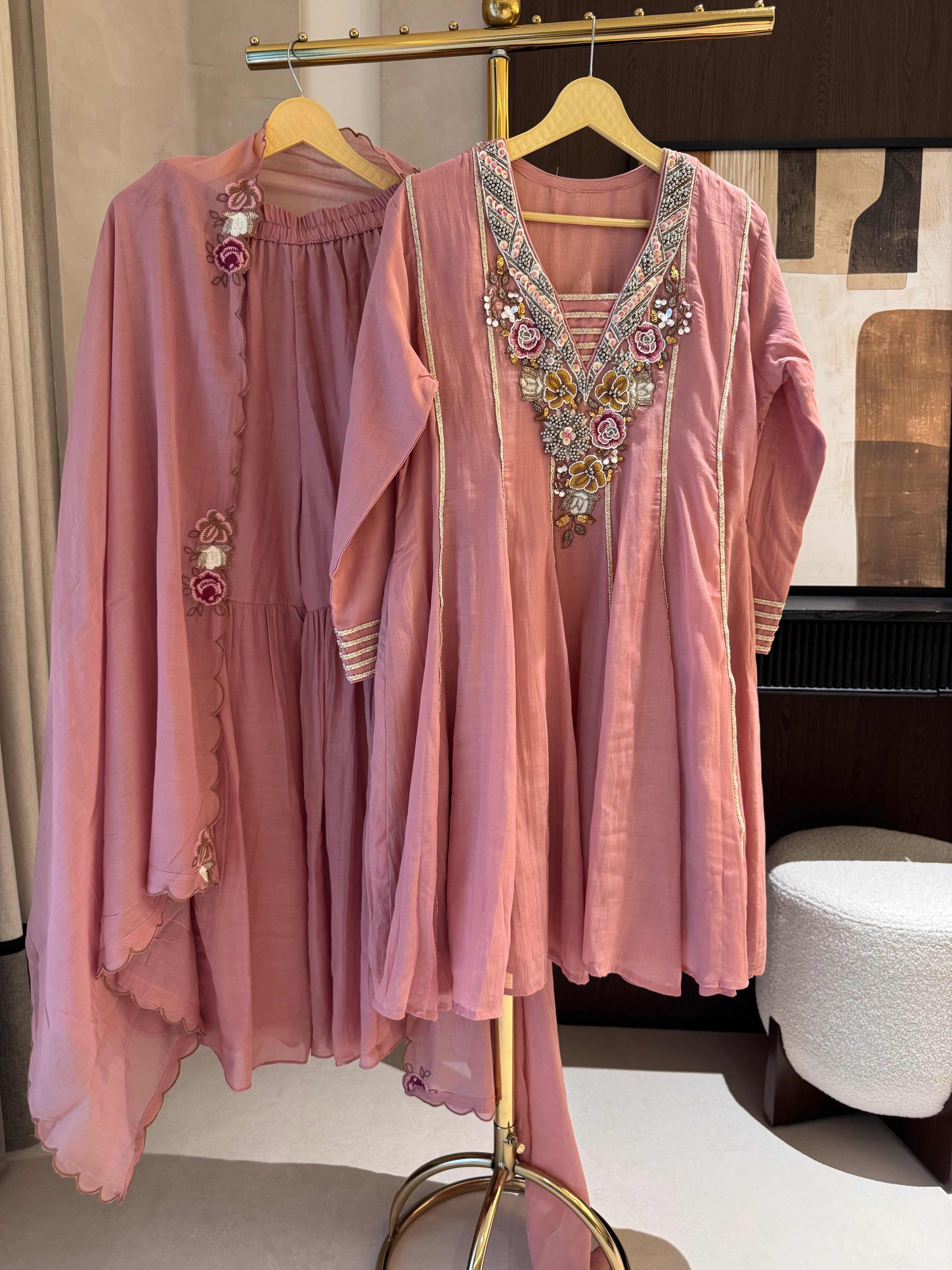The Rosalie Bloom — Mul Peplum Kameez with Gharara-peach-close up