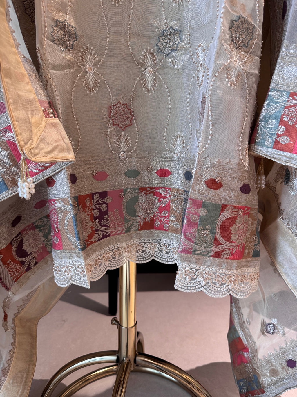 Cartier — Shimmer Tissue Suit with Banarasi Weaving & Beadwork-ivory-dupatta