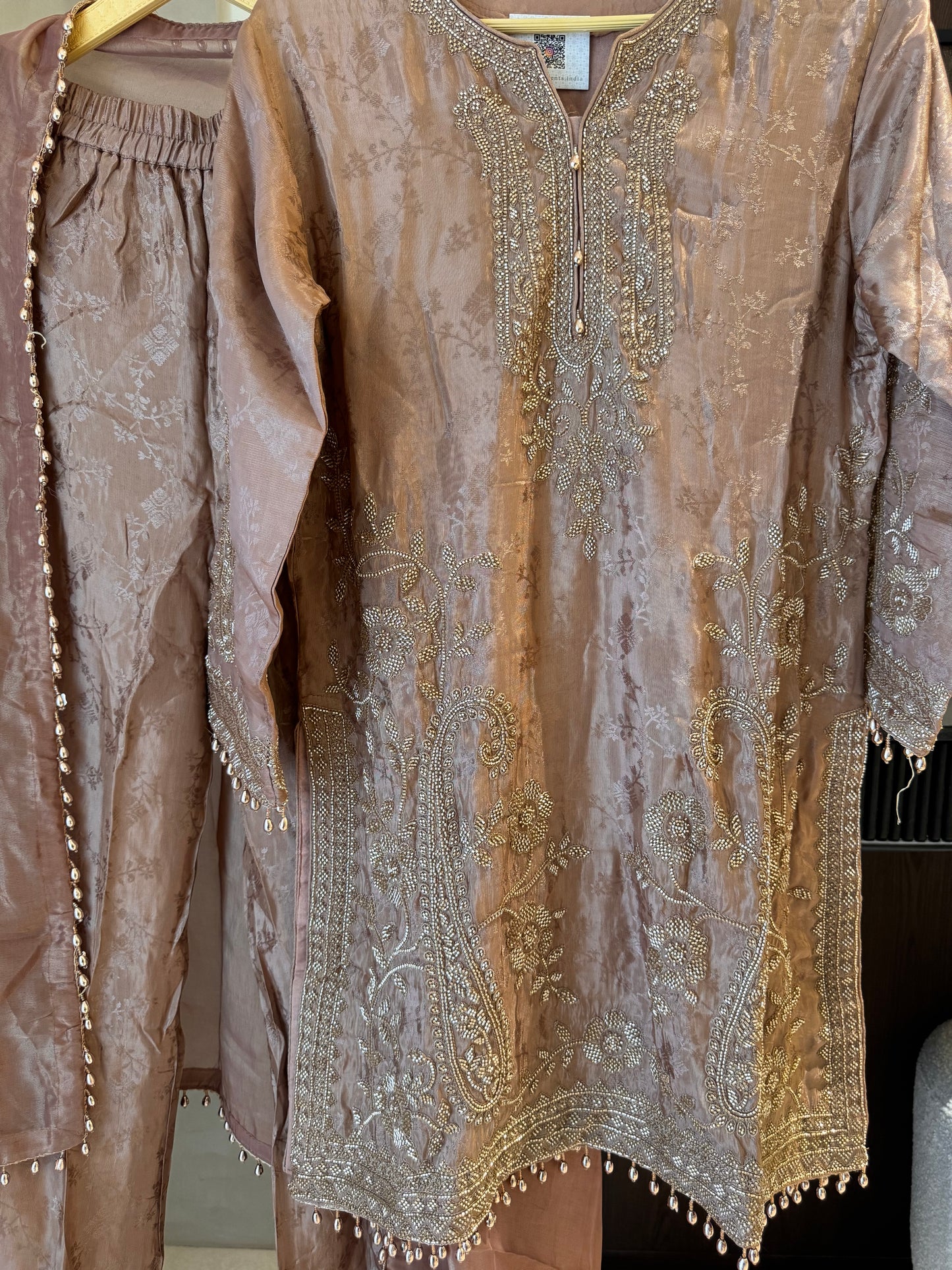 Silk Self-Embossed Readymade Suit Set with Bead Work & Organza Dupatta