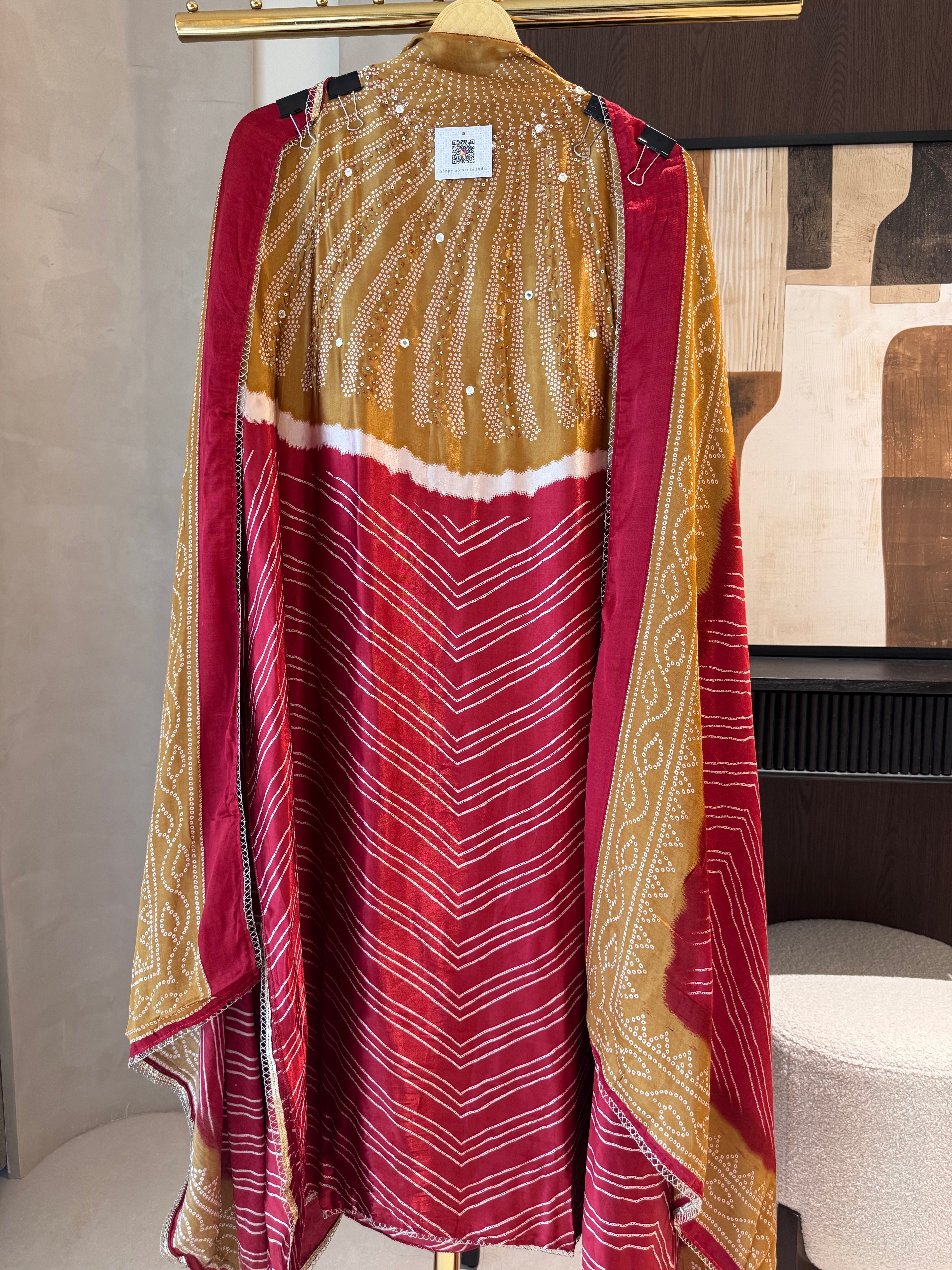 The Meera Muse — Bandhani Gaji Silk Suit with Mirror Work-maroon-front