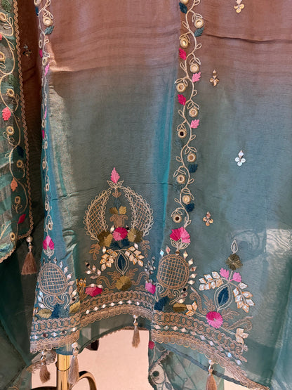 Shimmer Tissue Unstitched Suit Set with Mirror, Gota & Wool Work