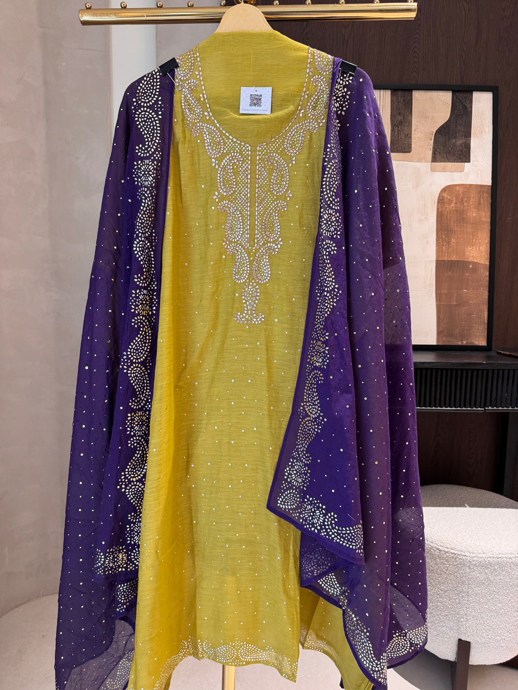 The Sanjh Bloom — Mul Suit with Mukesh & Zardozi Work-lime yellow-front