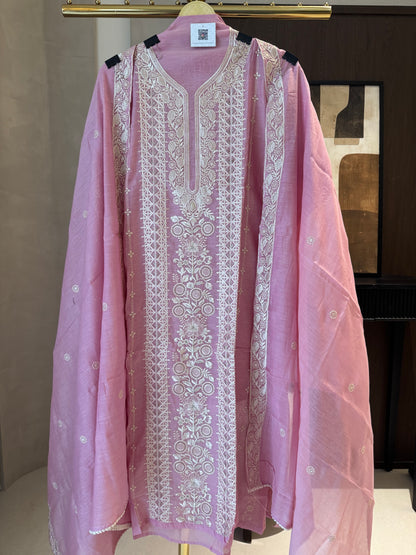 Mul Unstitched Suit Set with Delicate Thread Work & Dupatta